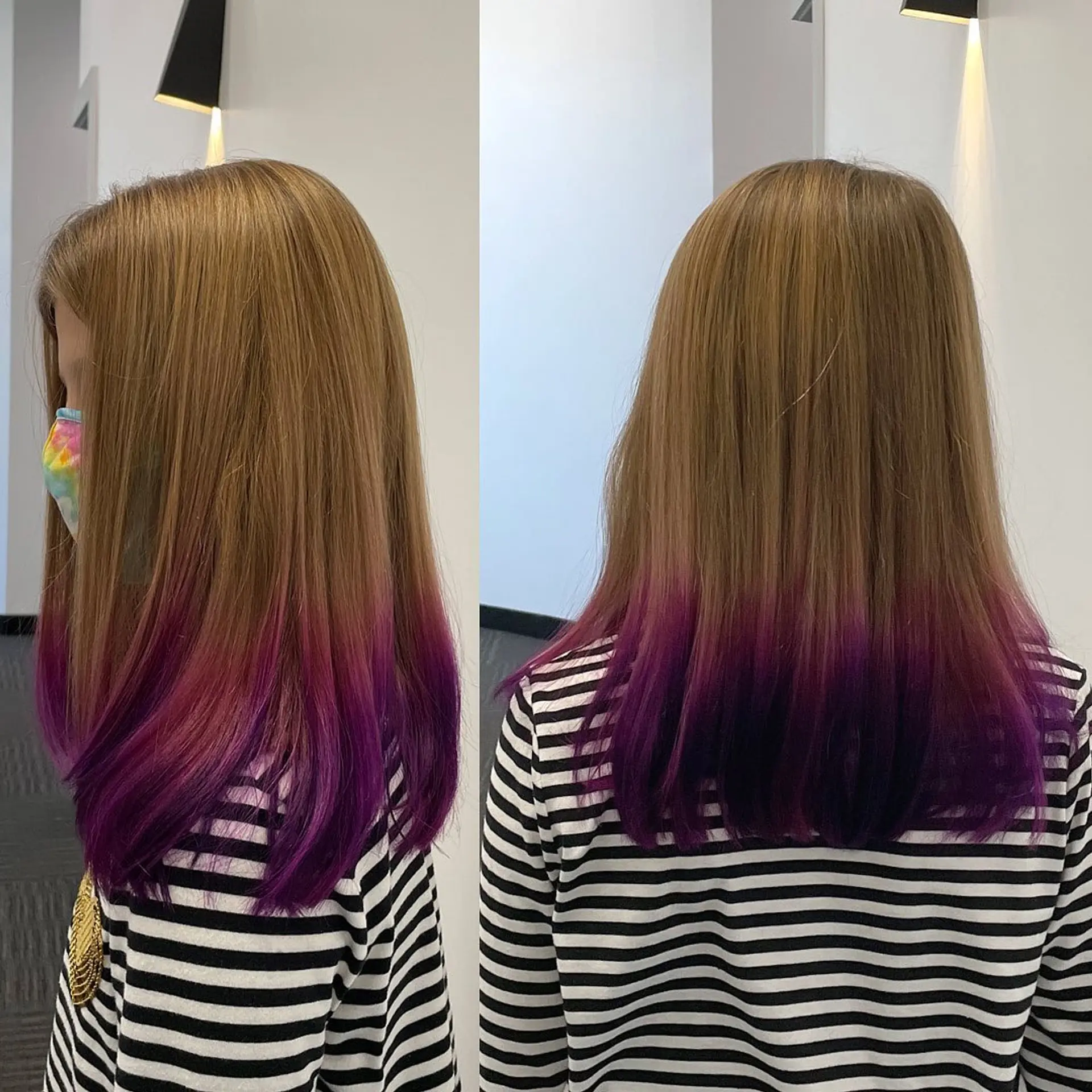 Straight medium-length light brown hair styled with bold purple dip-dyed ends. 1