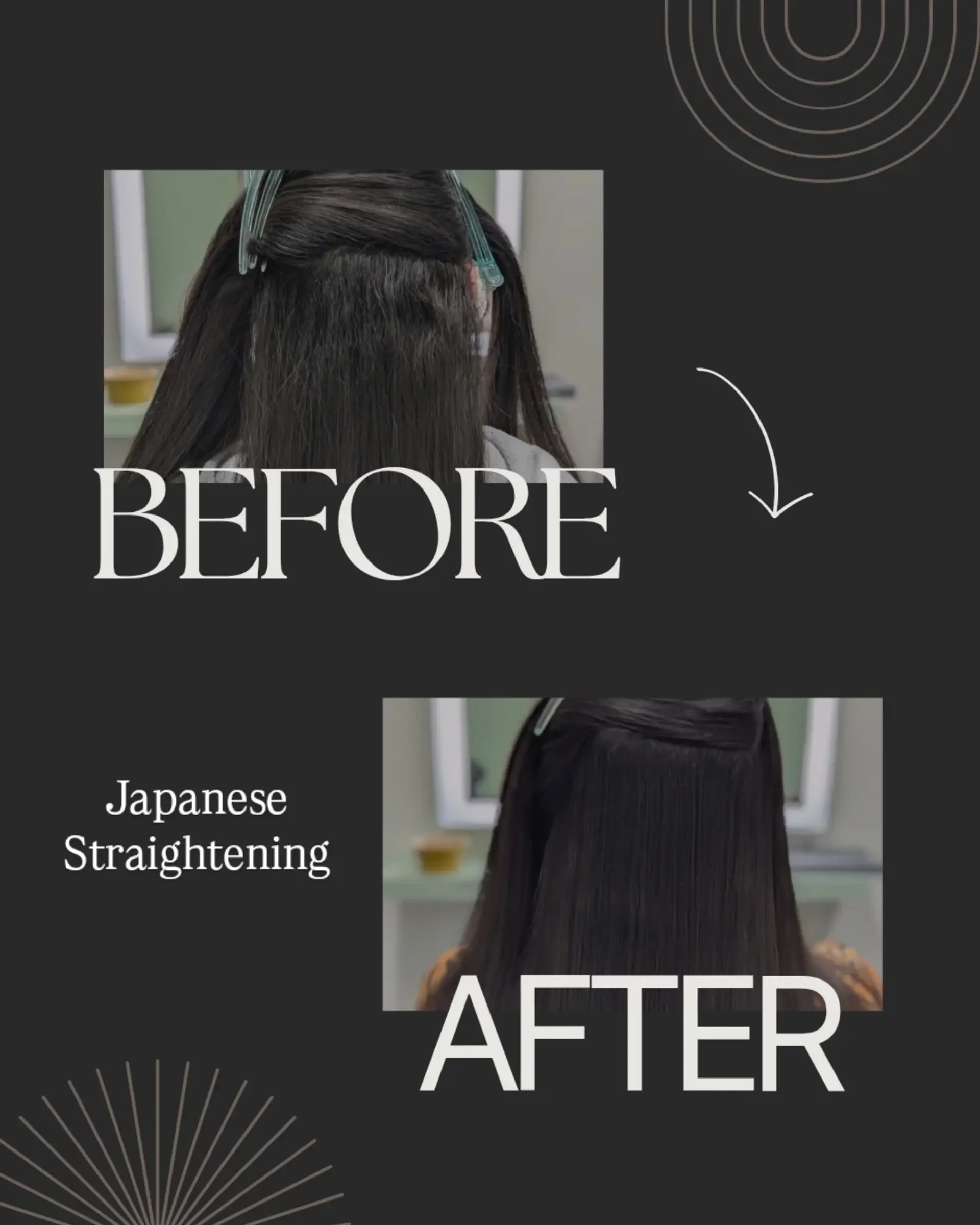A sleek, pin-straight Japanese hair straightening transformation displayed in a before-and-after comparison. 1