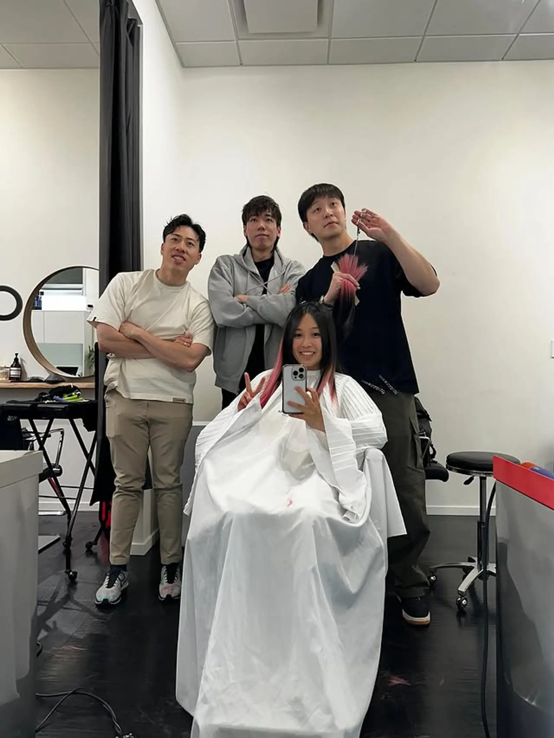 Long, straight black hair with dramatic pink face-framing streaks, creating a trendy E-Girl aesthetic with a modern, bold pop of color. 1