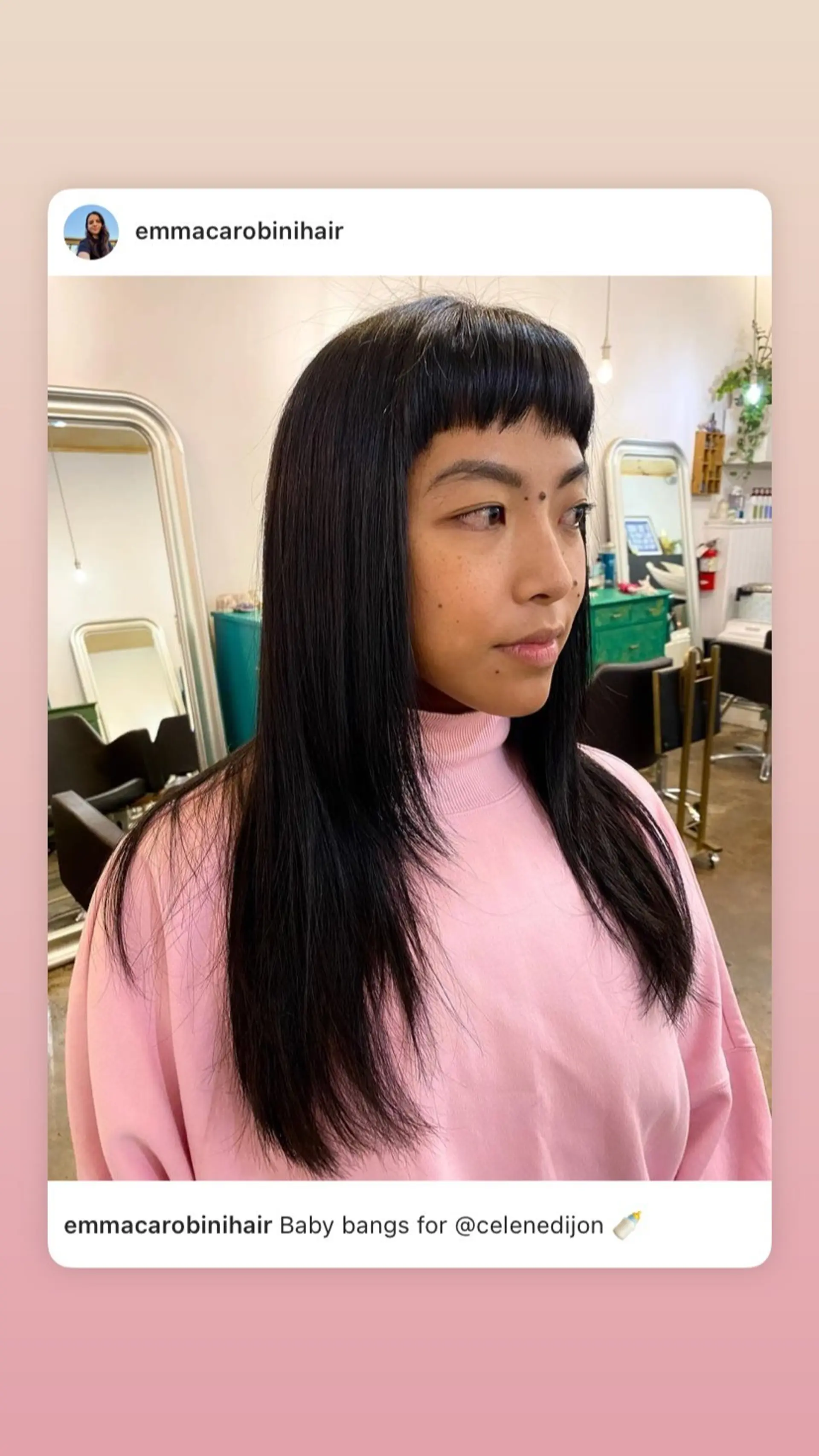 Edgy hairstyle with blunt baby bangs and long layers. 1