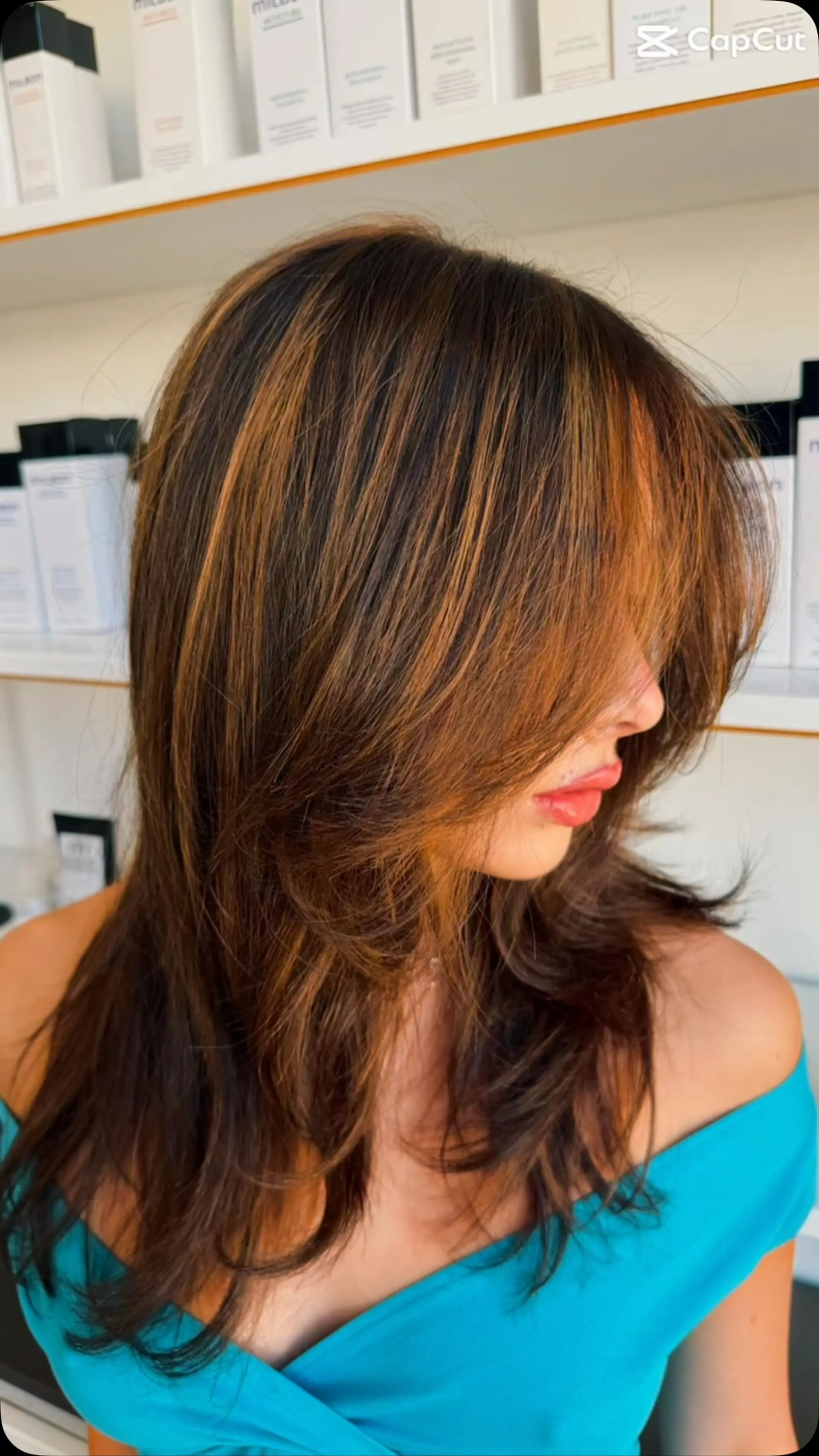 Long layered brunette hair with warm caramel bronde highlights and face-framing fringe. 1
