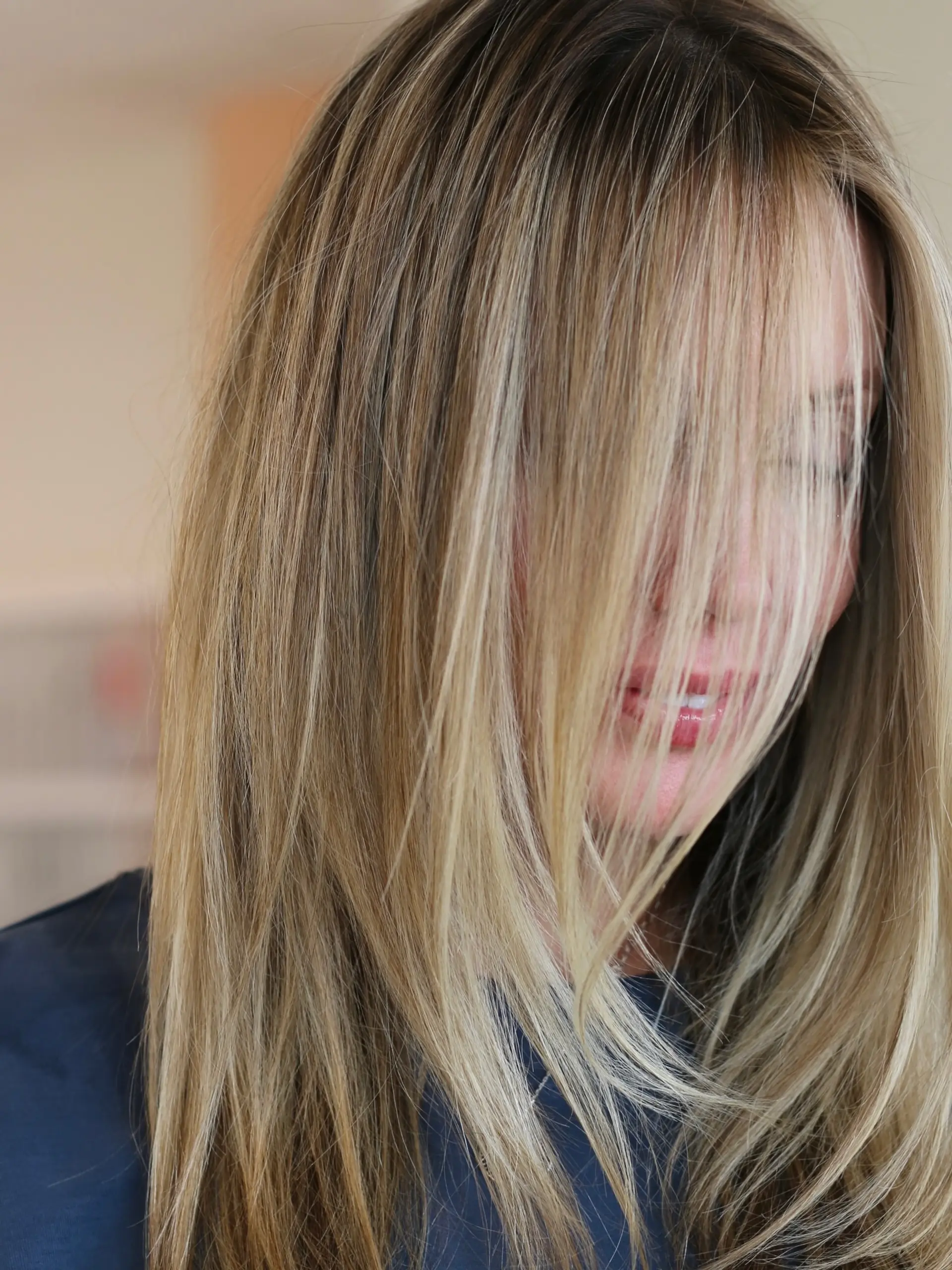 Long straight hair featuring fine dimensional blonde highlights and soft face-framing layers. 1