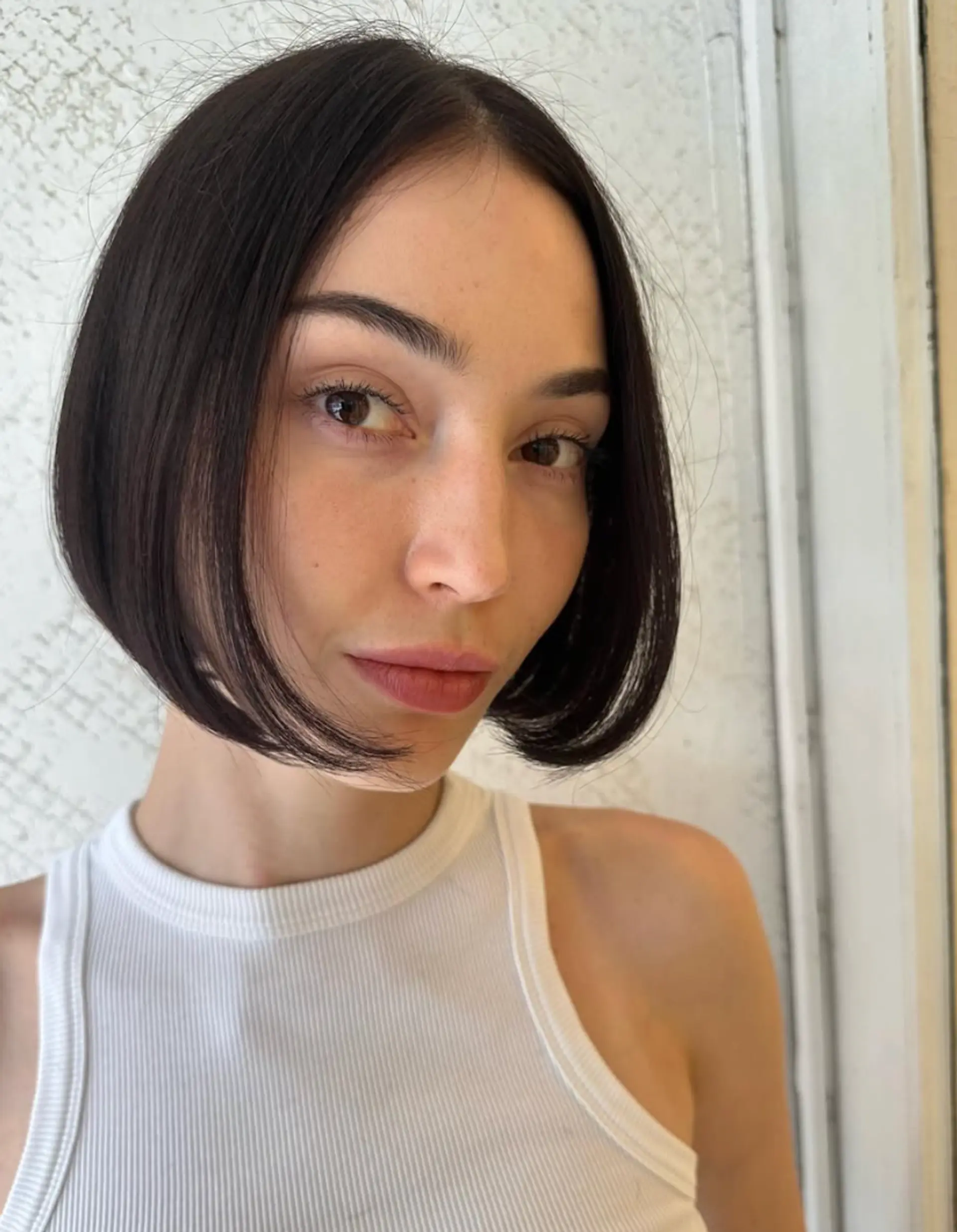 A sleek, short, straight bob with a blunt cut and dark brown color, featuring minimal layers and a smooth, face-framing design. 2