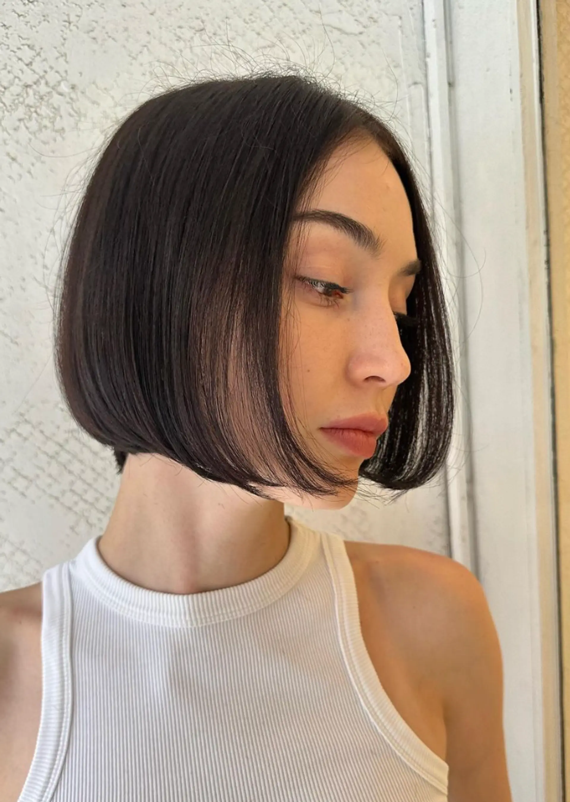A sleek, short, straight bob with a blunt cut and dark brown color, featuring minimal layers and a smooth, face-framing design. 1