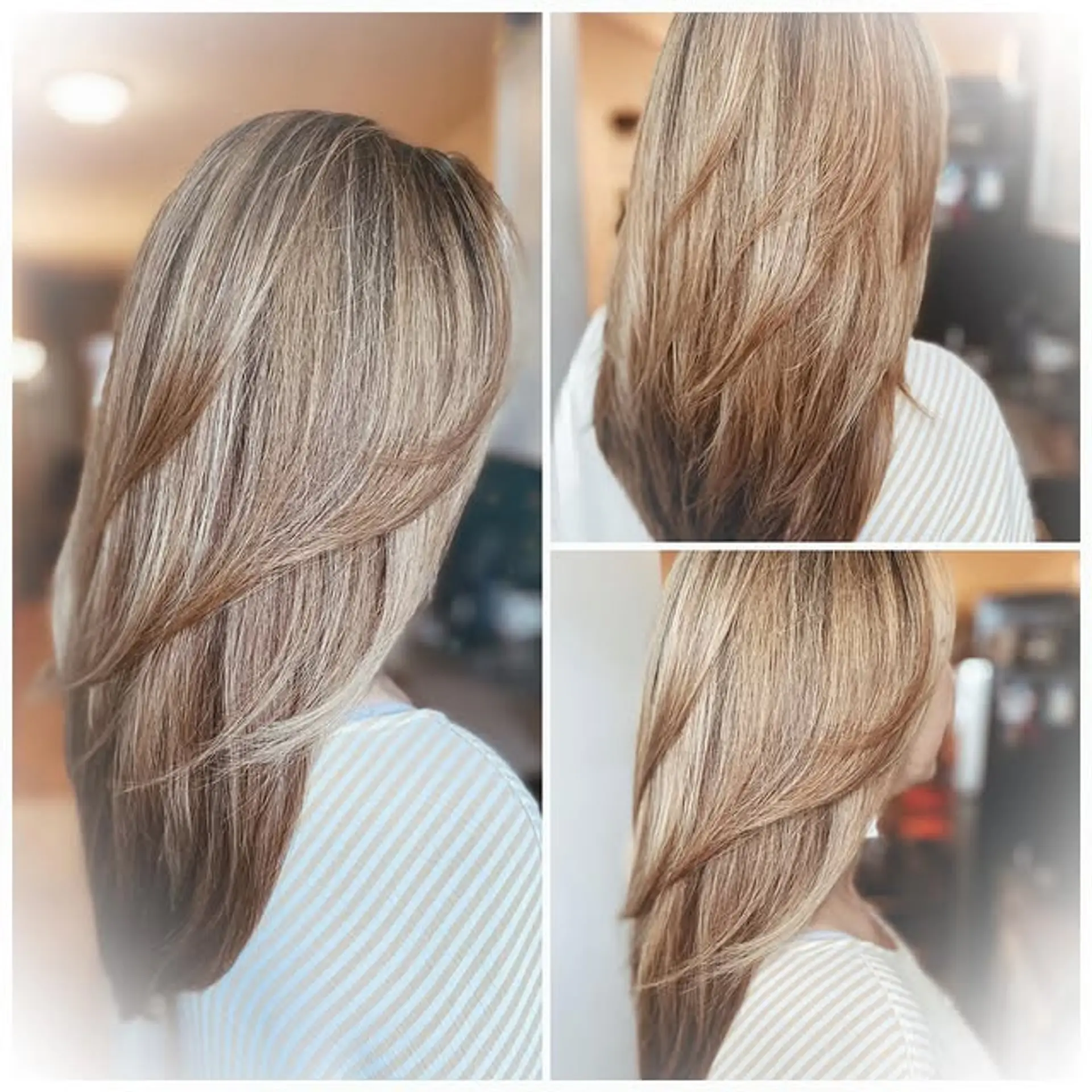 A long layered haircut with face-framing layers and a bronde balayage. 1