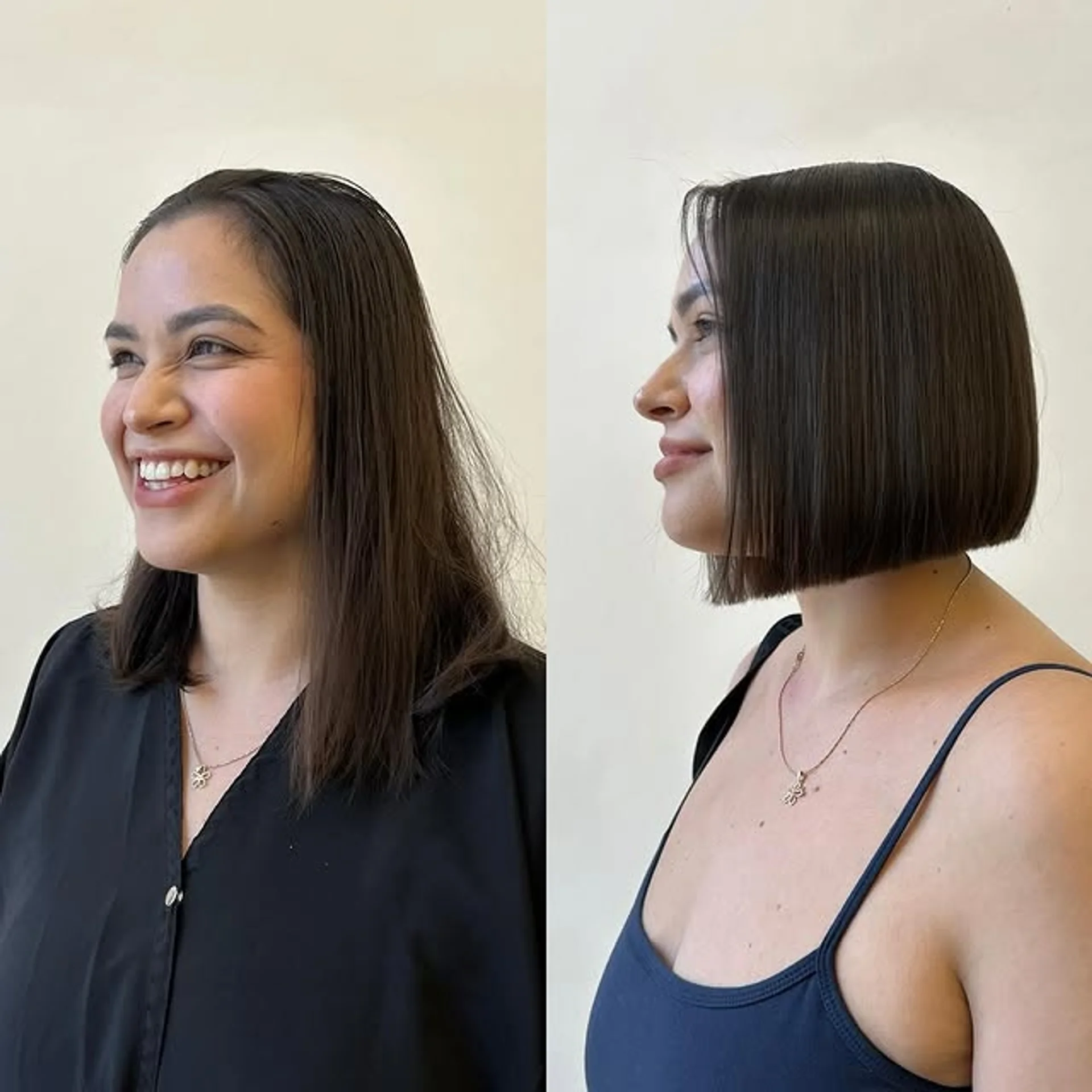 A sleek, chin-length blunt bob on dark, straight hair, seen from the side. - Preview 1