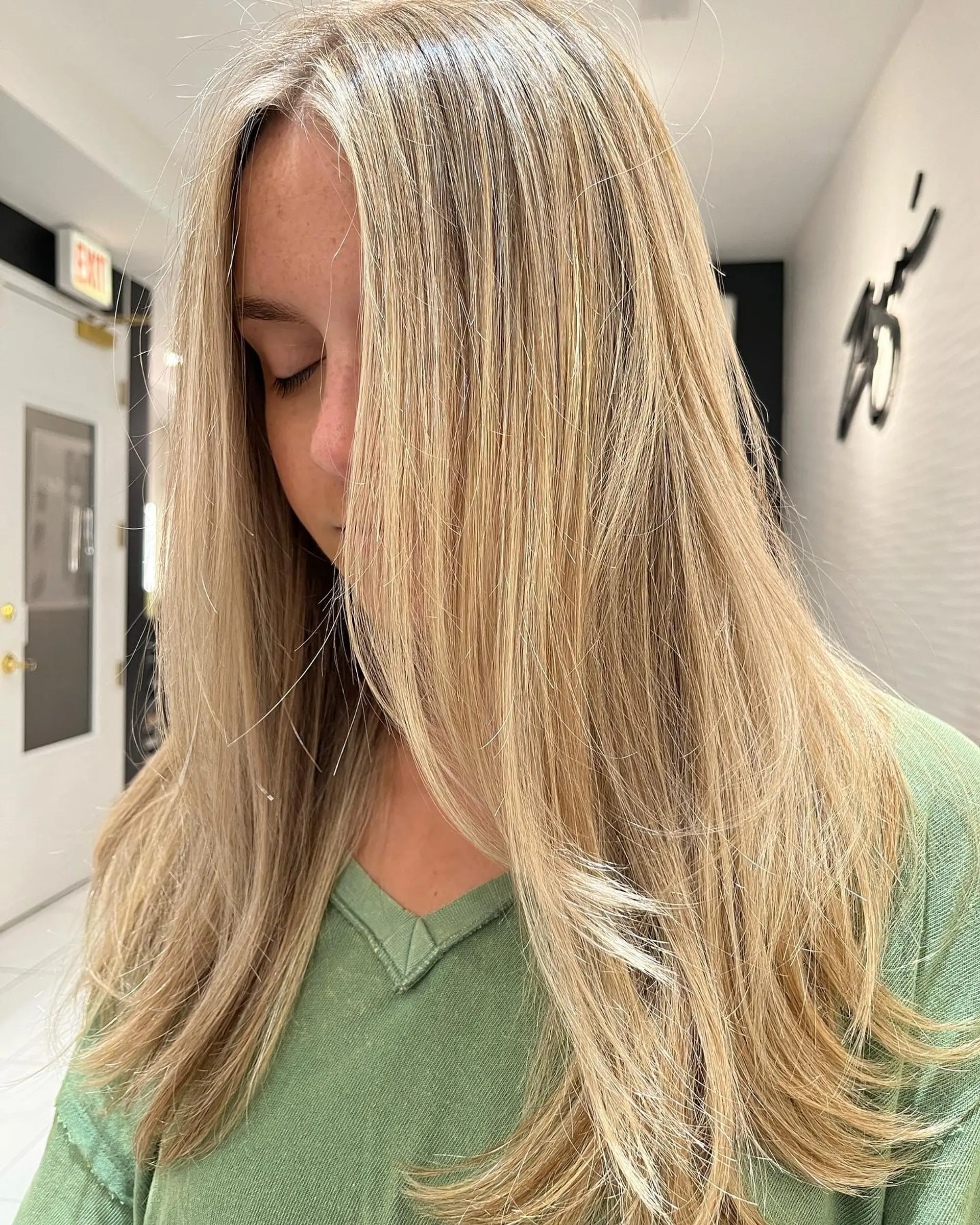 Long, straight hair with subtle layers and blonde balayage highlights. 1