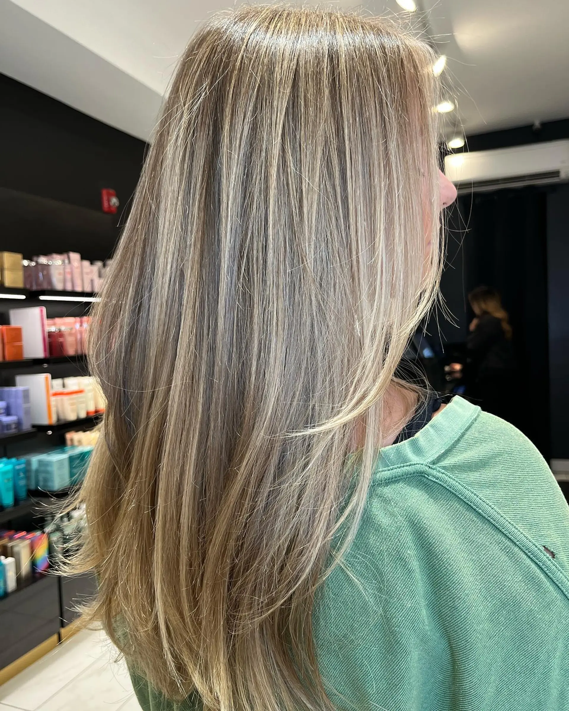 Long, straight hair with subtle layers and blonde balayage highlights. 2