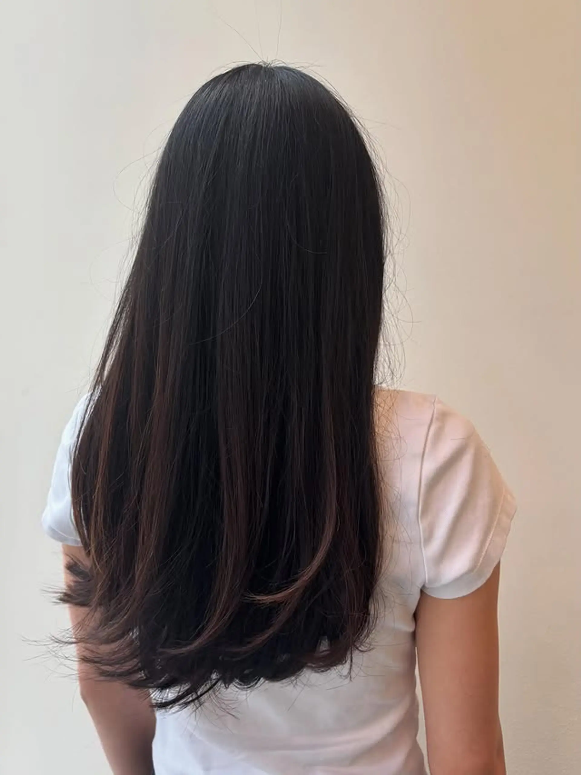 Long, straight hair with subtle layers and a subtle balayage. 1