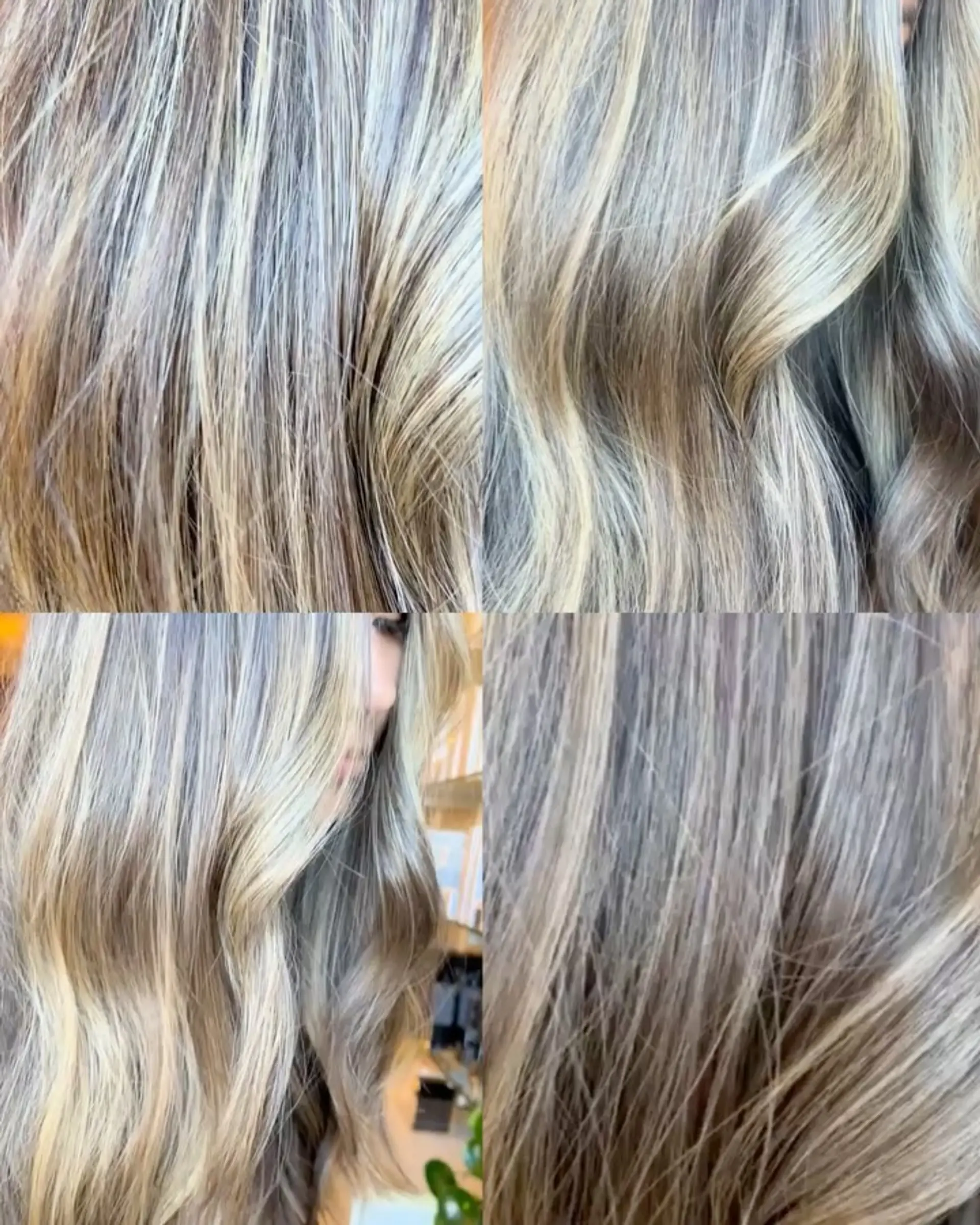 Soft dimensional bronde hair color blending cool blonde ribbons into a natural light brunette base, styled in loose waves. 1