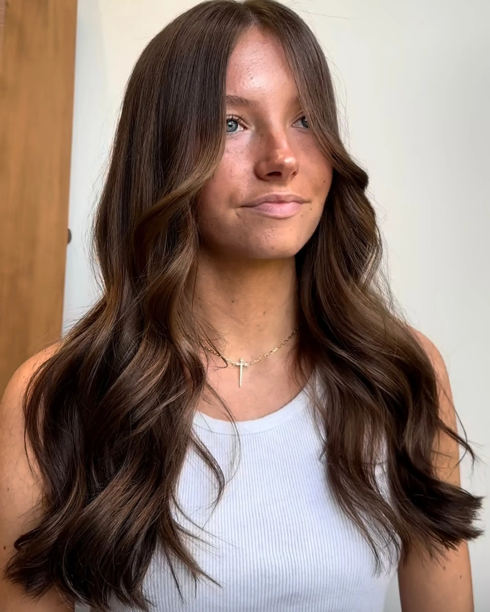 A long and wavy hairstyle with subtle layers and soft waves. 1