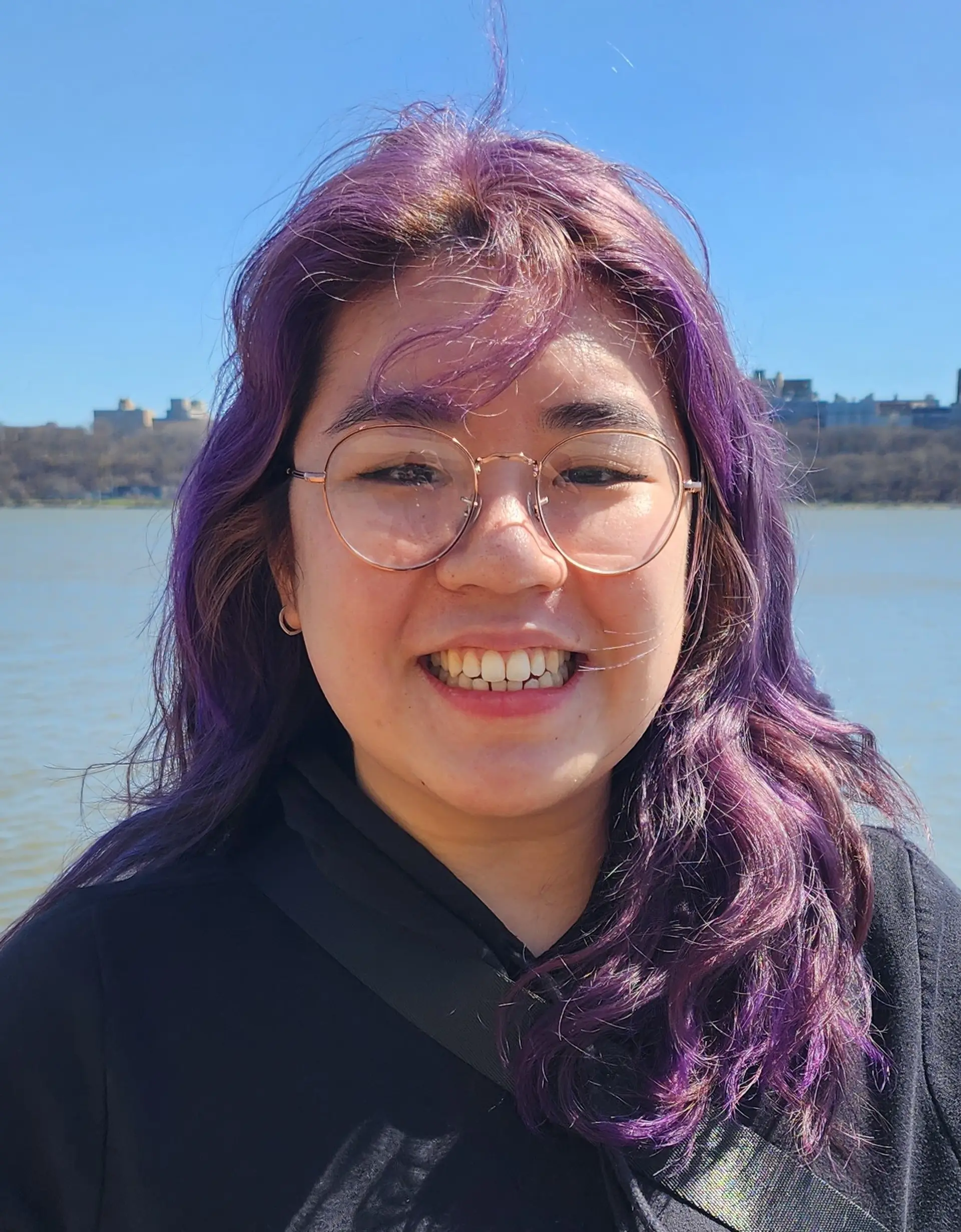 Long wavy hair with vibrant purple and lavender hues, characterized by its rich colors and soft waves. 1