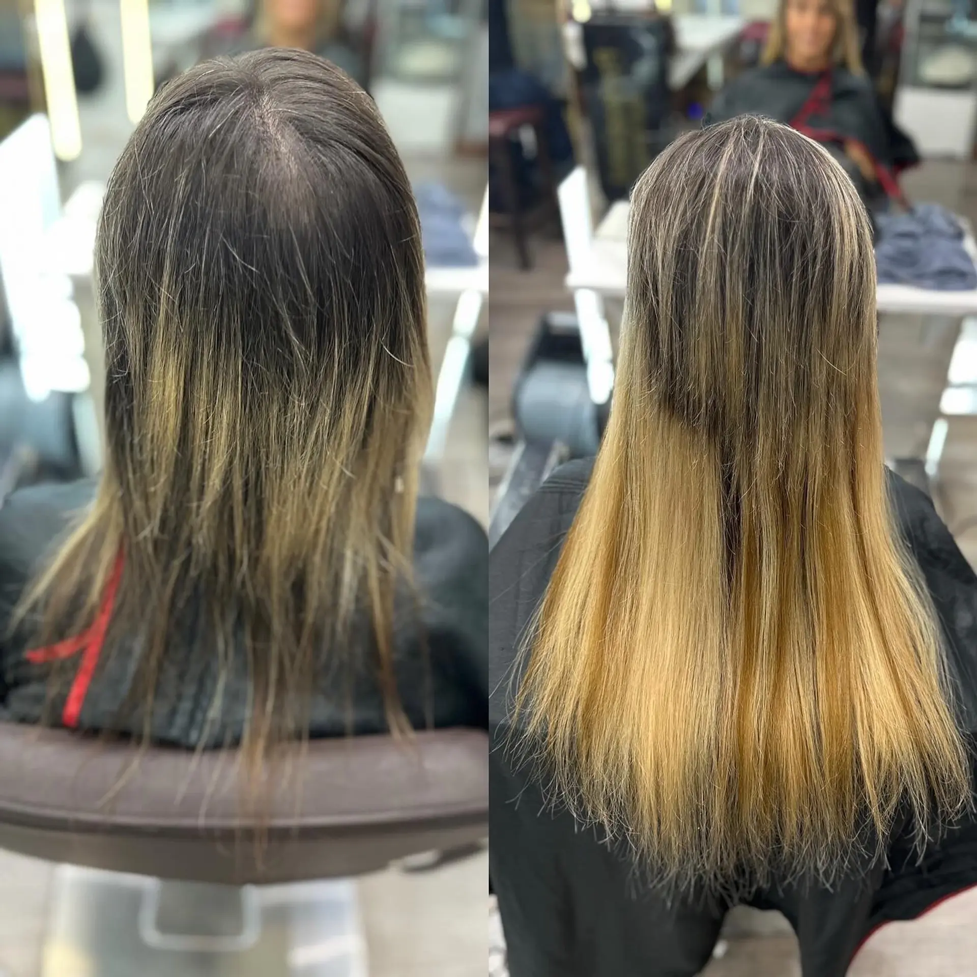 A before-and-after view demonstrating the addition of hair extensions to dramatically increase length and density on straight blonde hair. 1