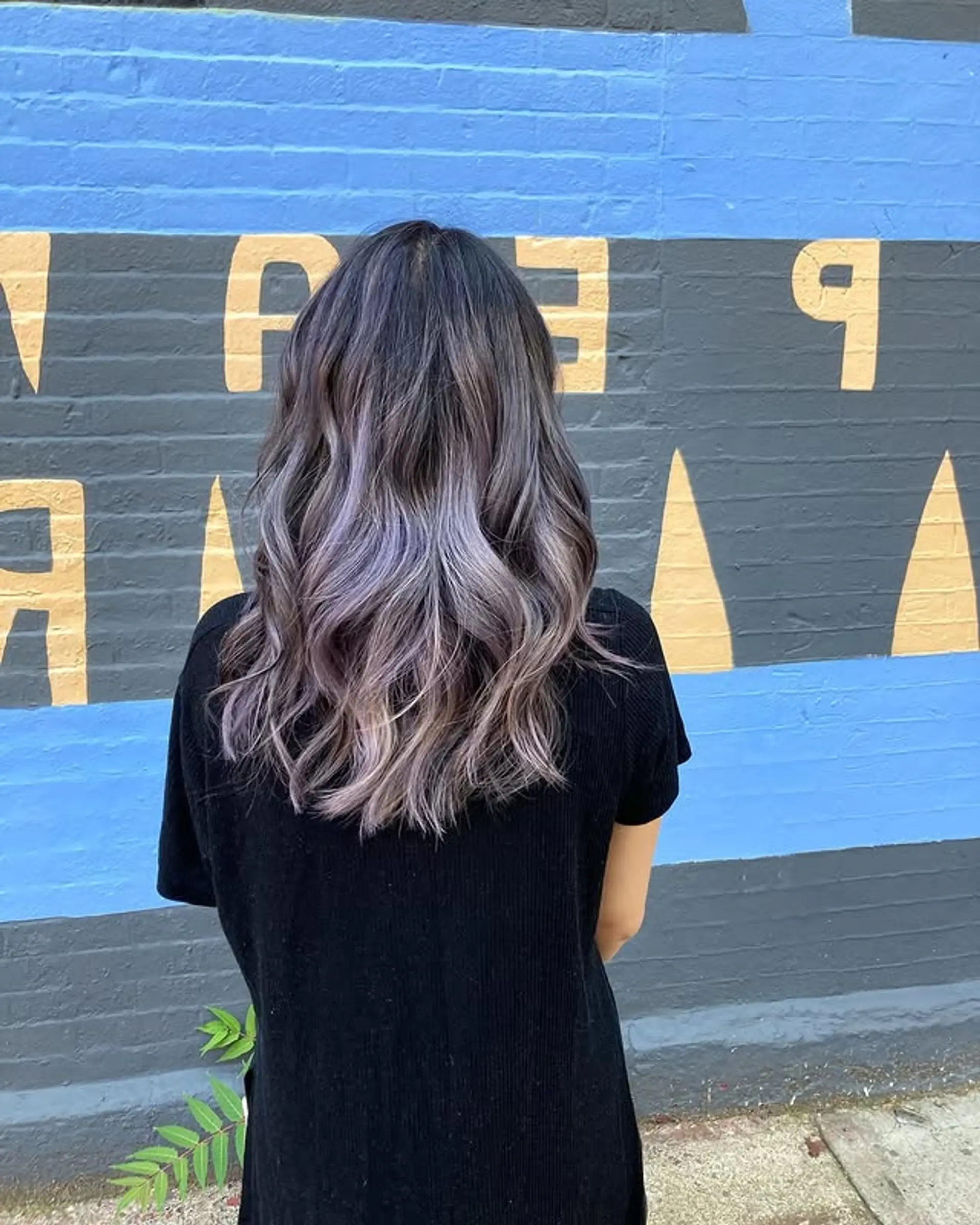 Wavy medium length hair with an ombre color melt from a dark base to lavender tips. 1