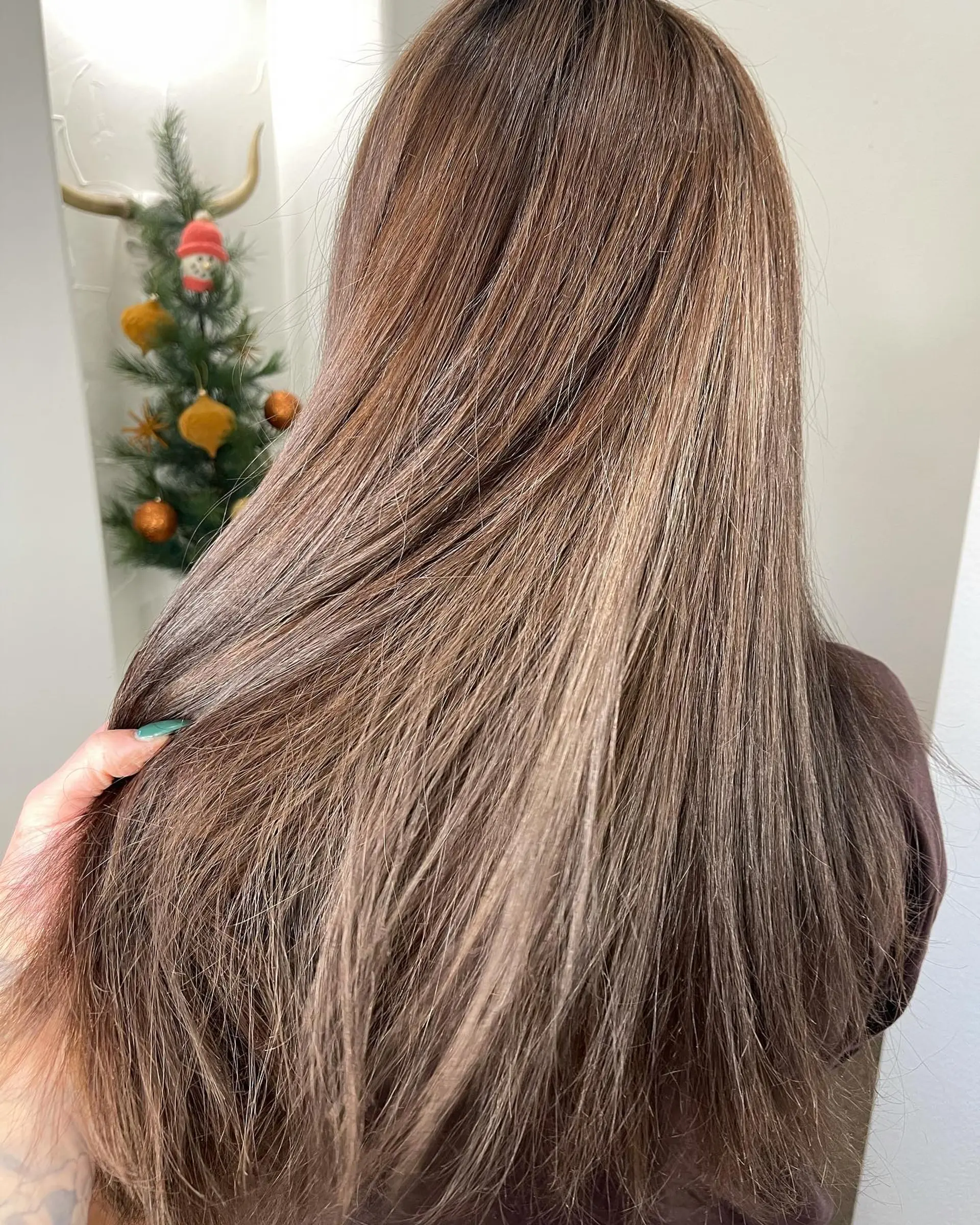 Long, straight hair colored in a dimensional ash light brown tone. 1