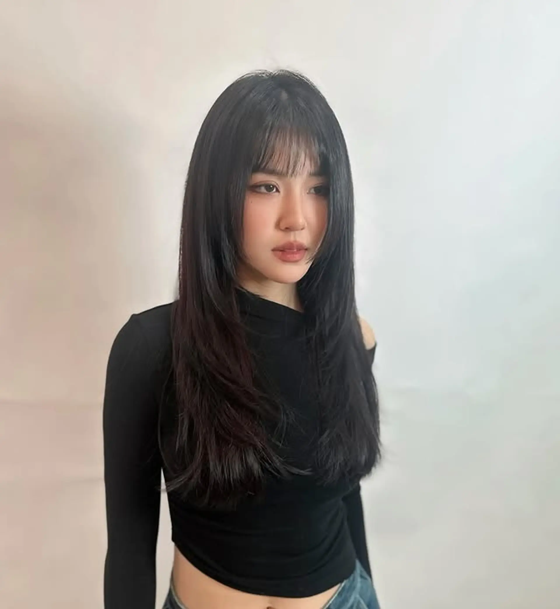 Long, straight hair with see-through bangs and layered face-framing. 1