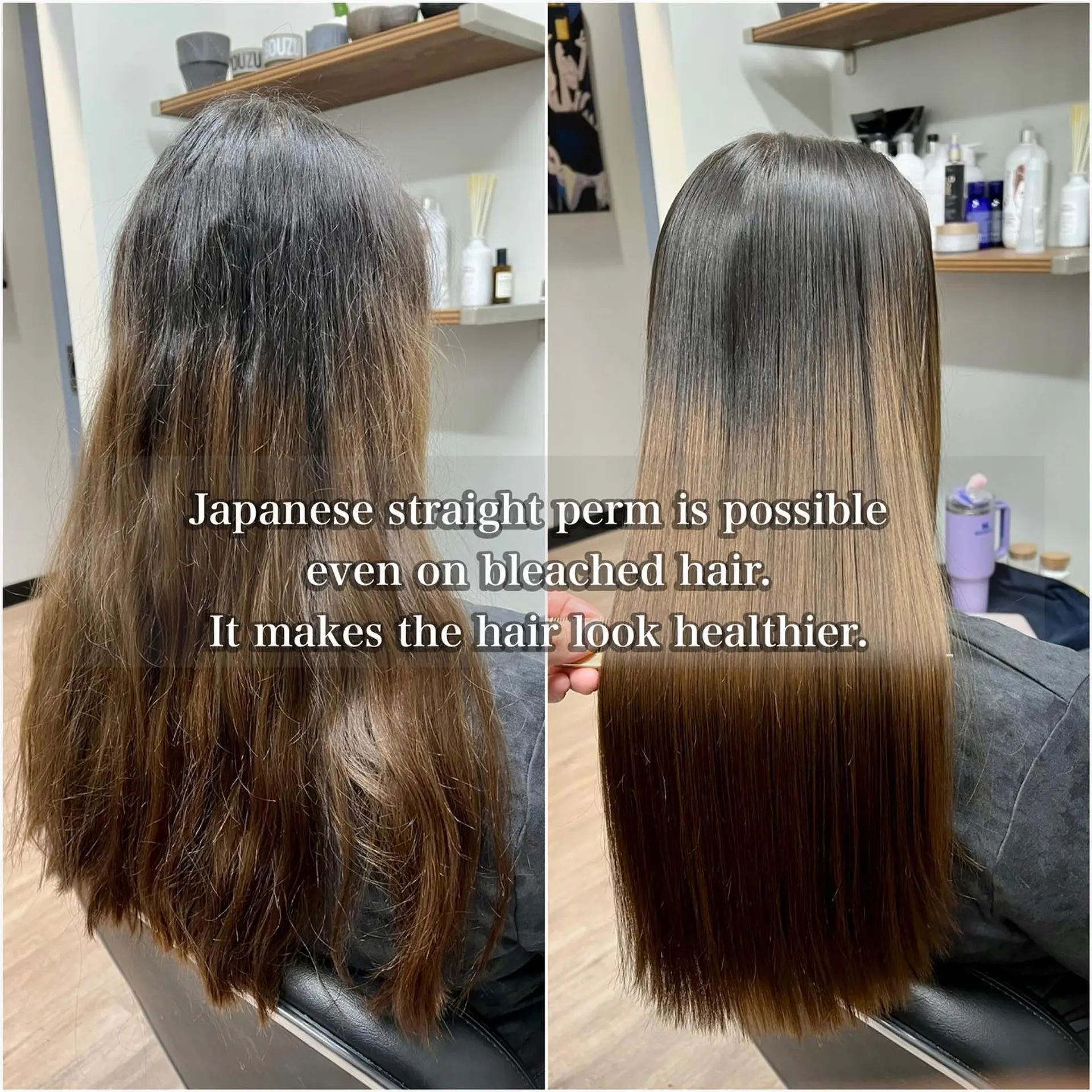A before-and-after comparison of a Japanese straight perm, transforming frizzy, textured hair into a sleek, pin-straight, high-shine finish. 1