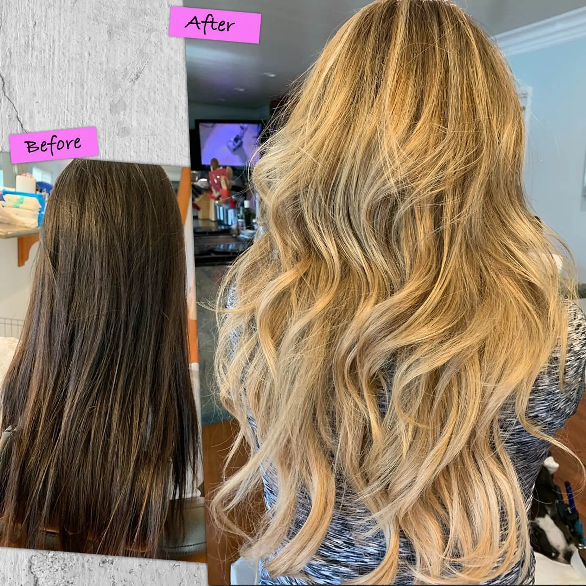 A dimensional blonde balayage transformation styled in voluminous, textured waves. 1