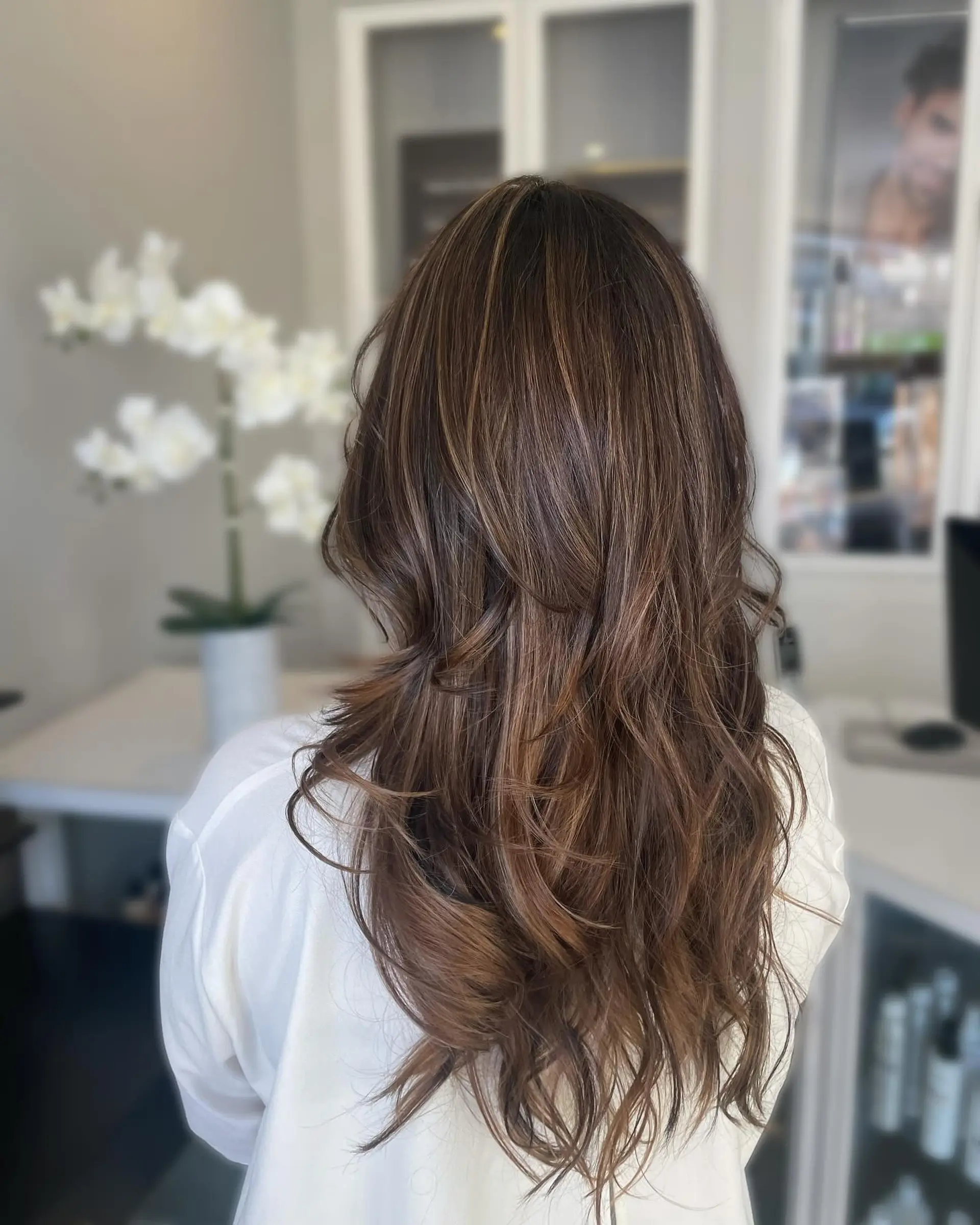 Long chocolate brown layered hair featuring subtle warm caramel highlights and soft, bouncy waves. 1
