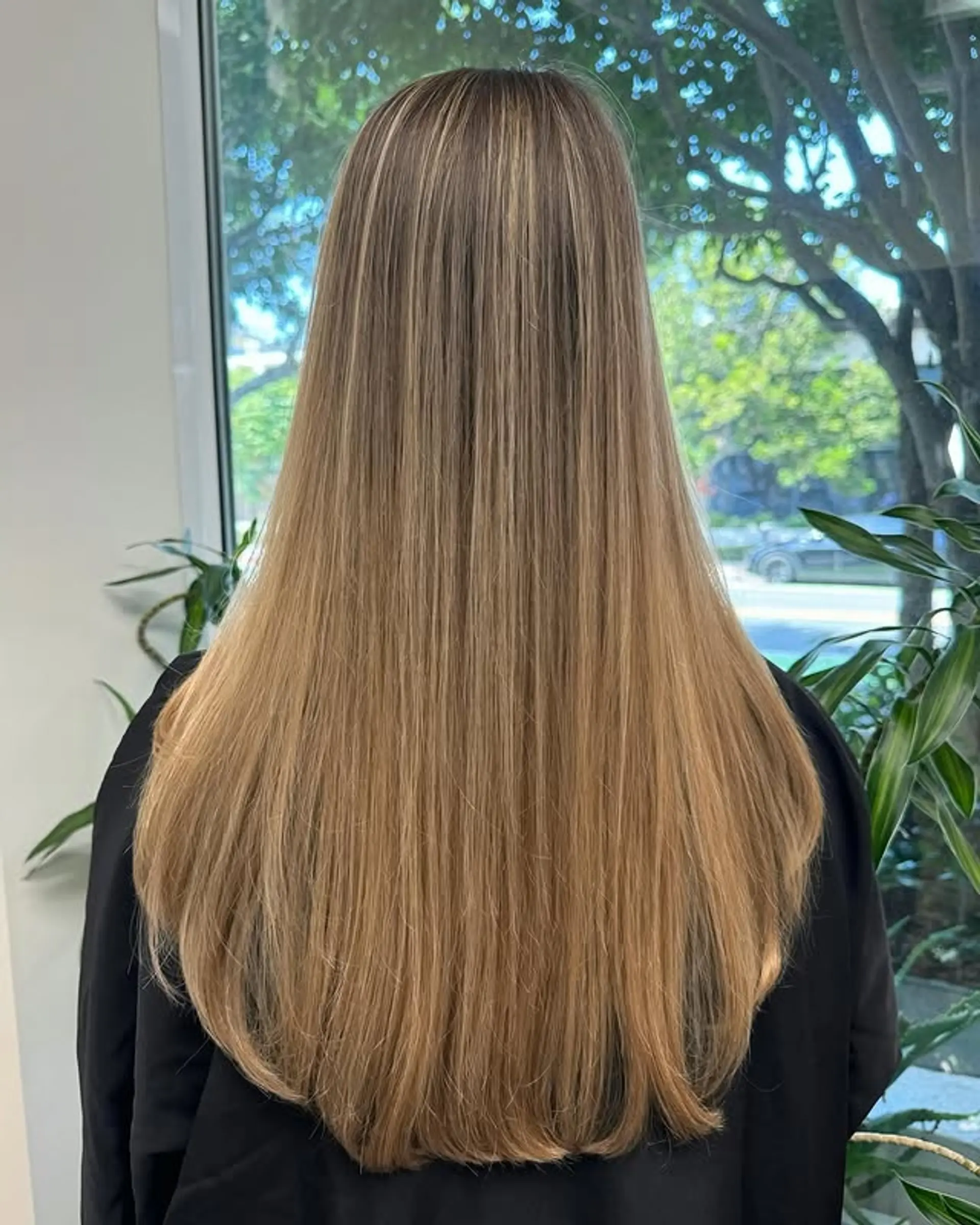 Long, straight layered hair with a honey blonde balayage. 1