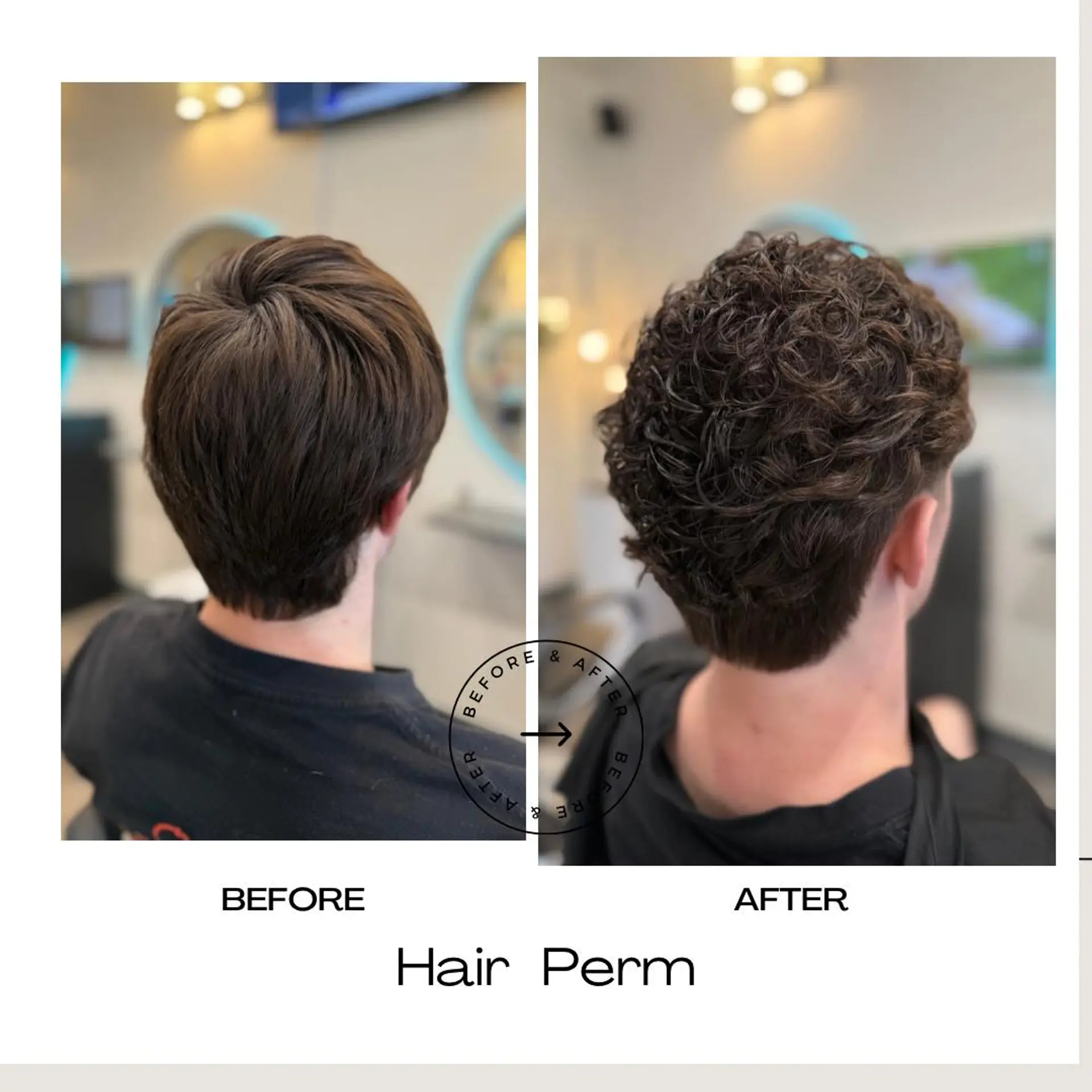 A men's short hairstyle transformed from straight to defined, voluminous curls using a hair perm. 1