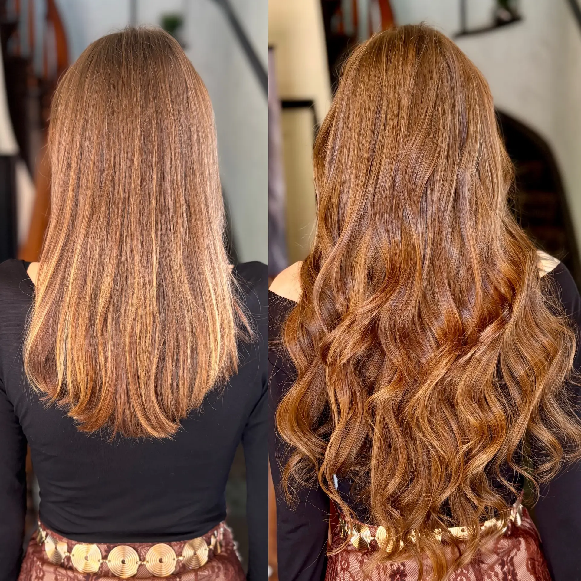 A dramatic before-and-after showcasing hair extensions that add substantial length and volume, styled into flowing brunette waves. 1
