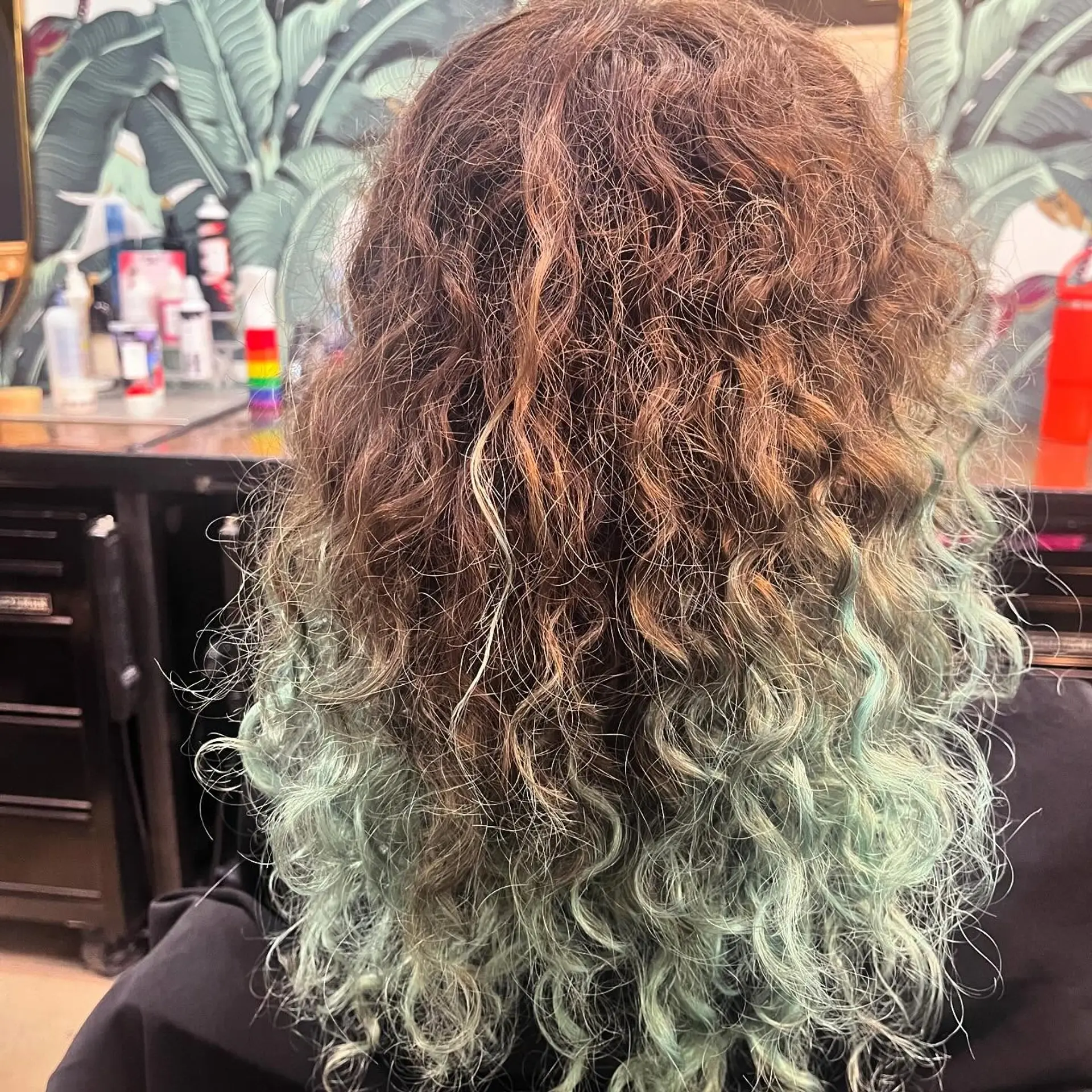 Naturally curly medium-length brunette hair styled with light teal ombre ends. 1