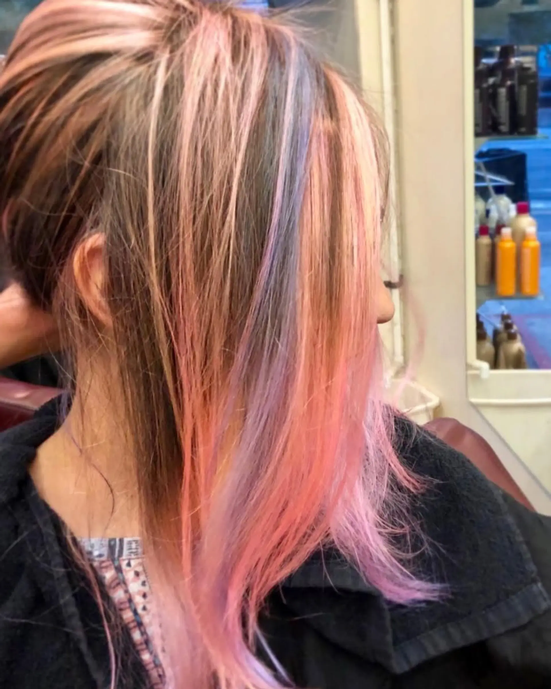 Medium straight hair with rainbow pastel highlights. 1