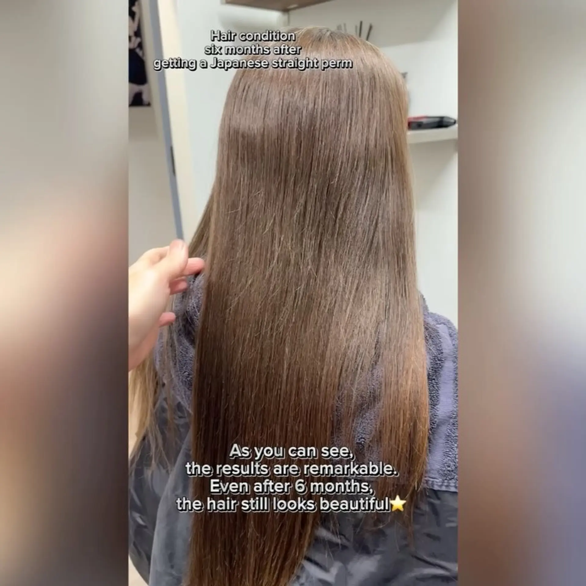 Long, sleek, and smooth straight hair shown from the back after a Japanese straight perm treatment. 1