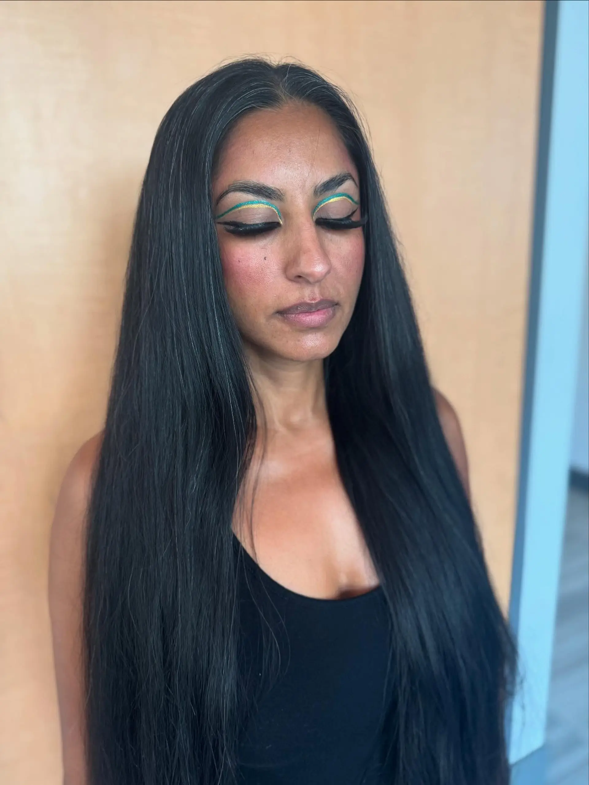 Ultra-long, sleek dark hair styled straight and smooth, cascading past the chest with subtle natural silver highlights. 1