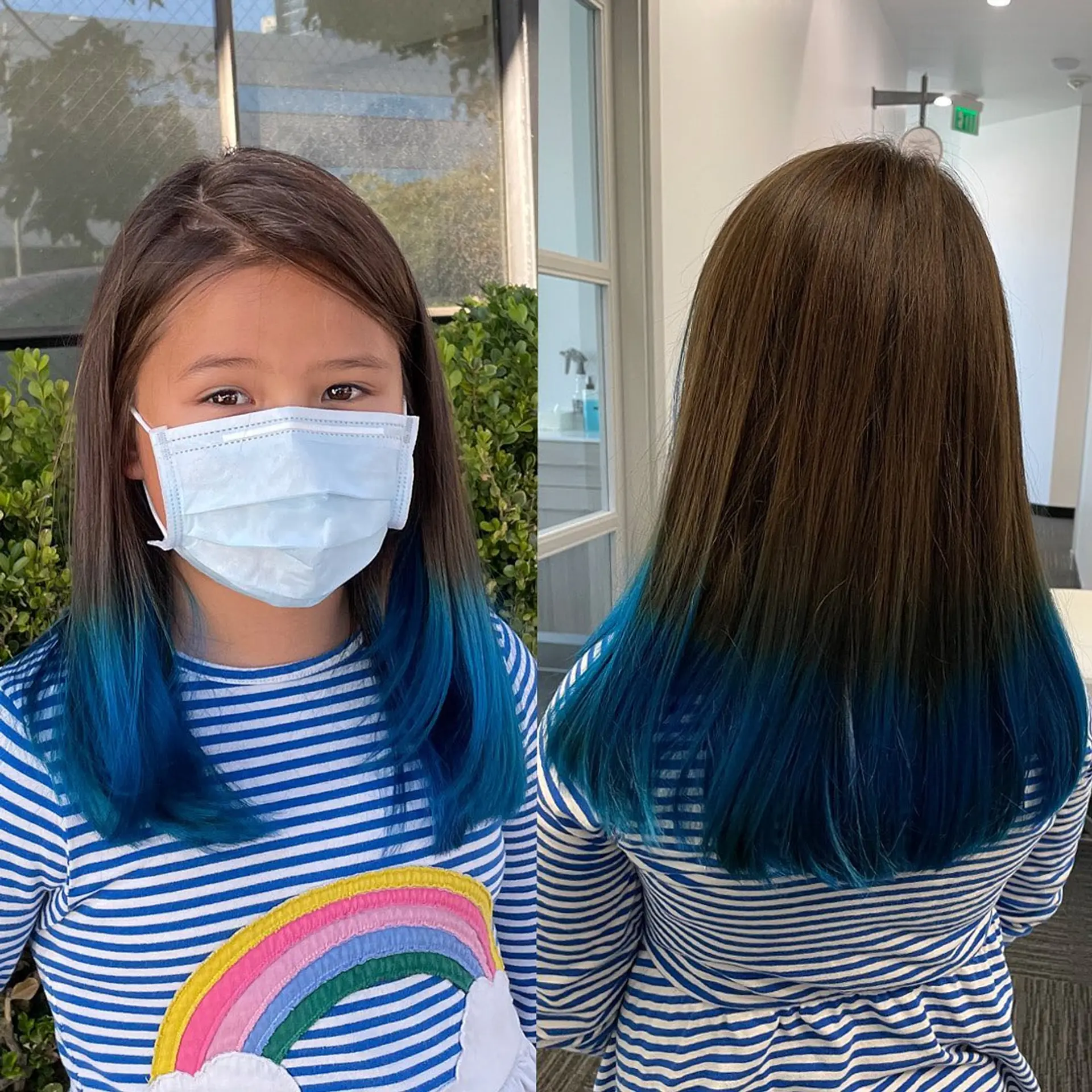 Medium-length straight brown hair featuring vibrant blue dip-dyed ends. 1