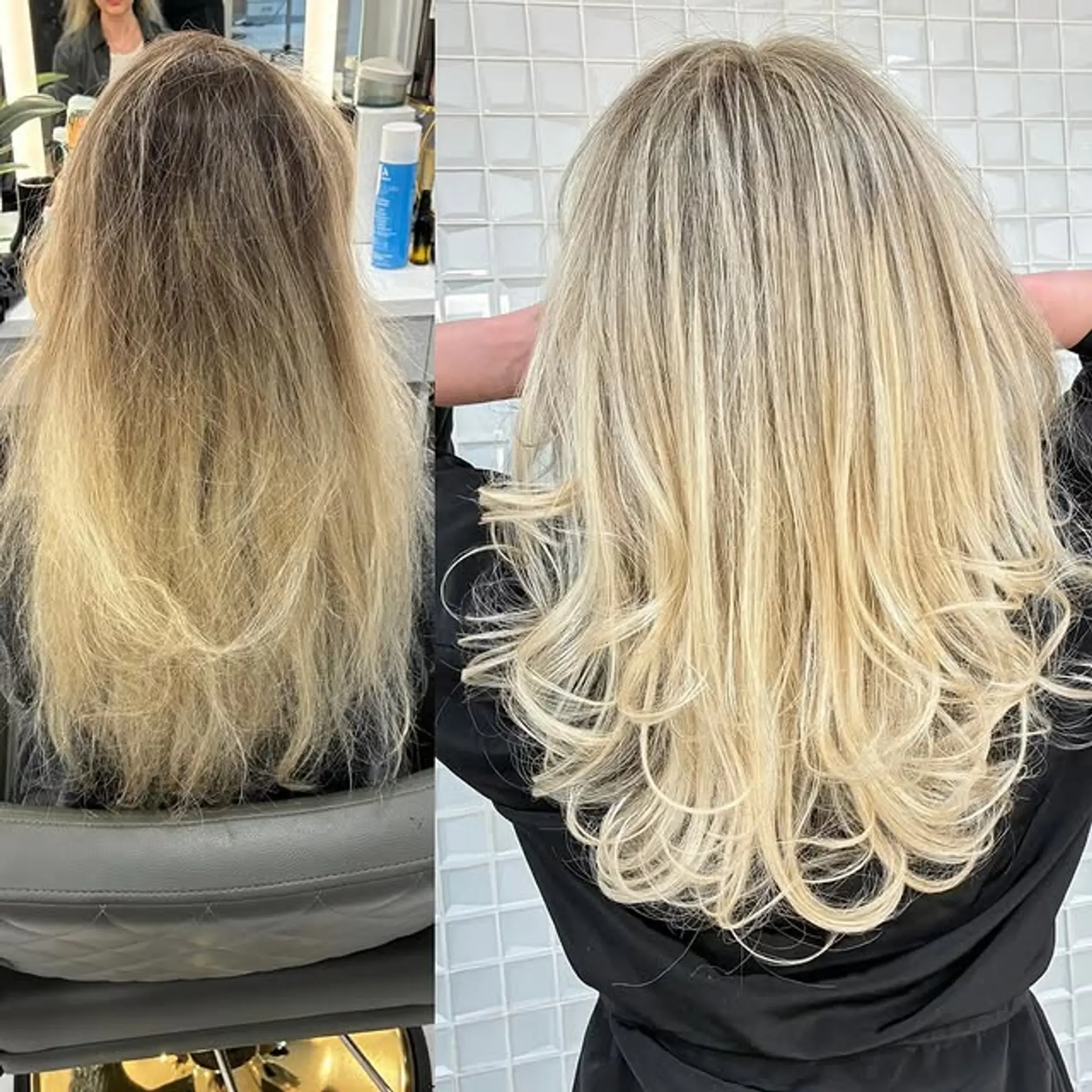 This hairstyle features long, wavy hair with soft layers, highlighted with a stunning platinum blonde color. 1