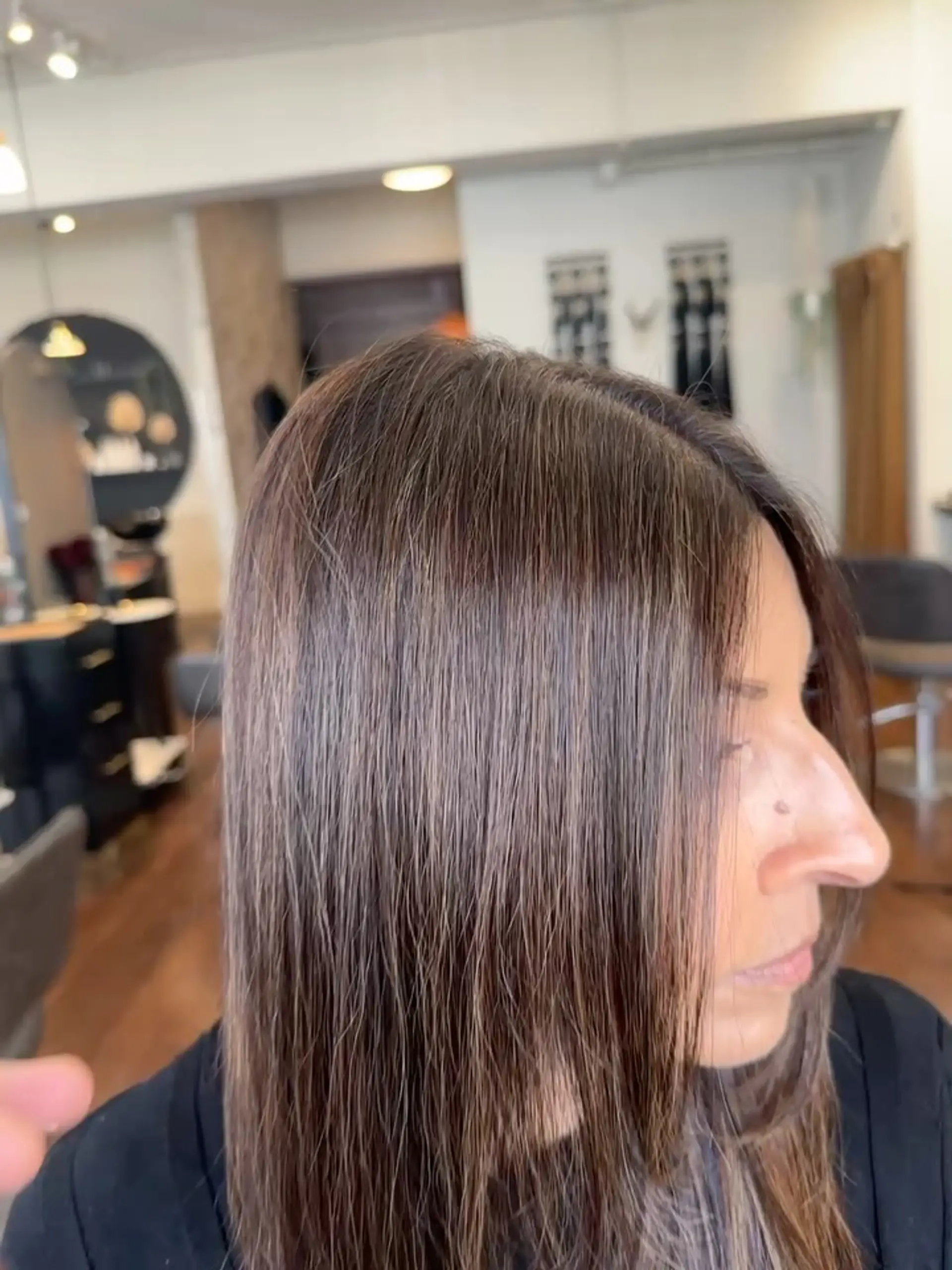 Straight brunette hair styled smooth with fine subtle highlights and a natural center part. 1