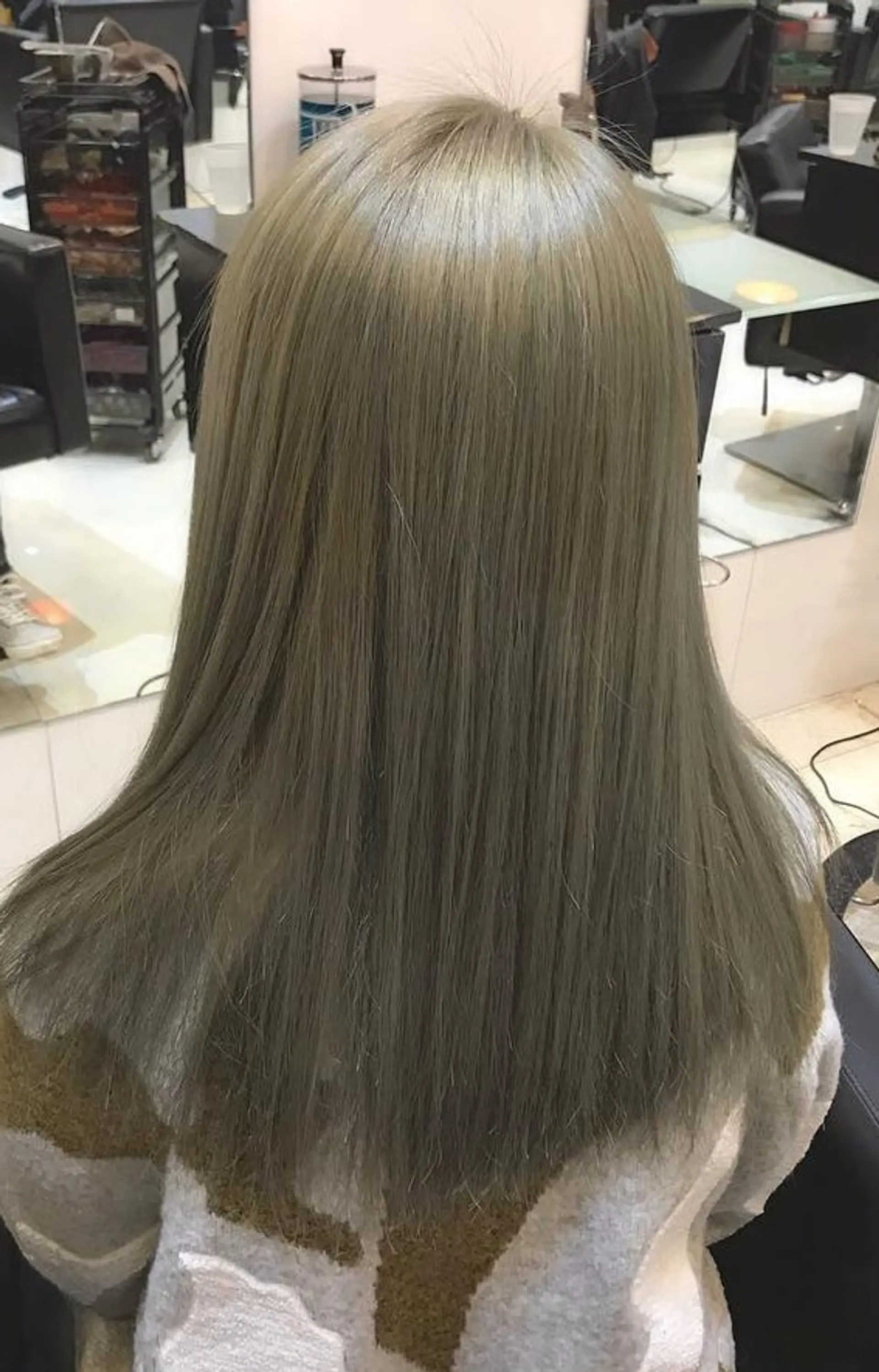 Long, straight hair with a trendy ash blonde color. 1