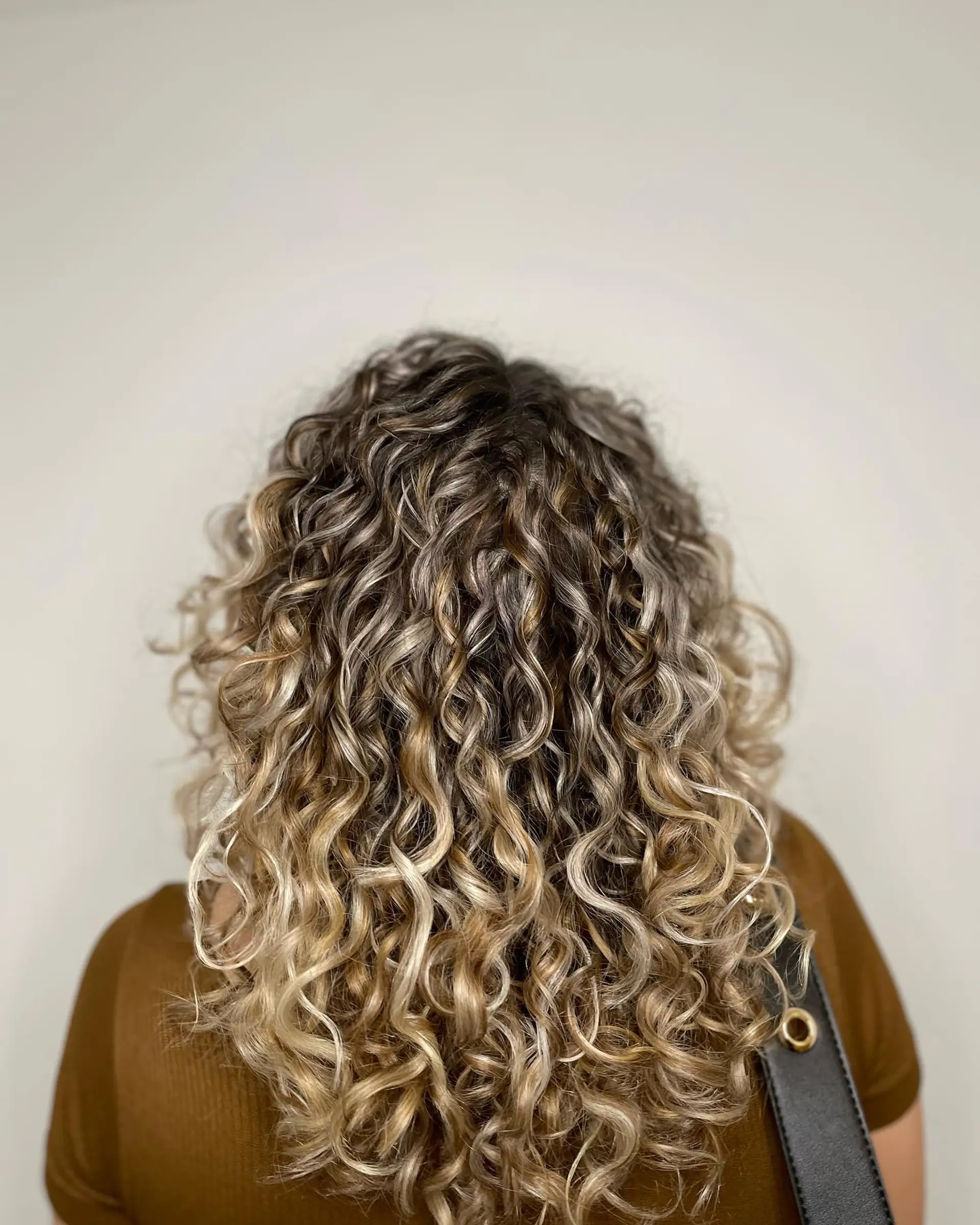 Medium-length defined curly hair featuring dimensional blonde highlights and natural lowlights. 1