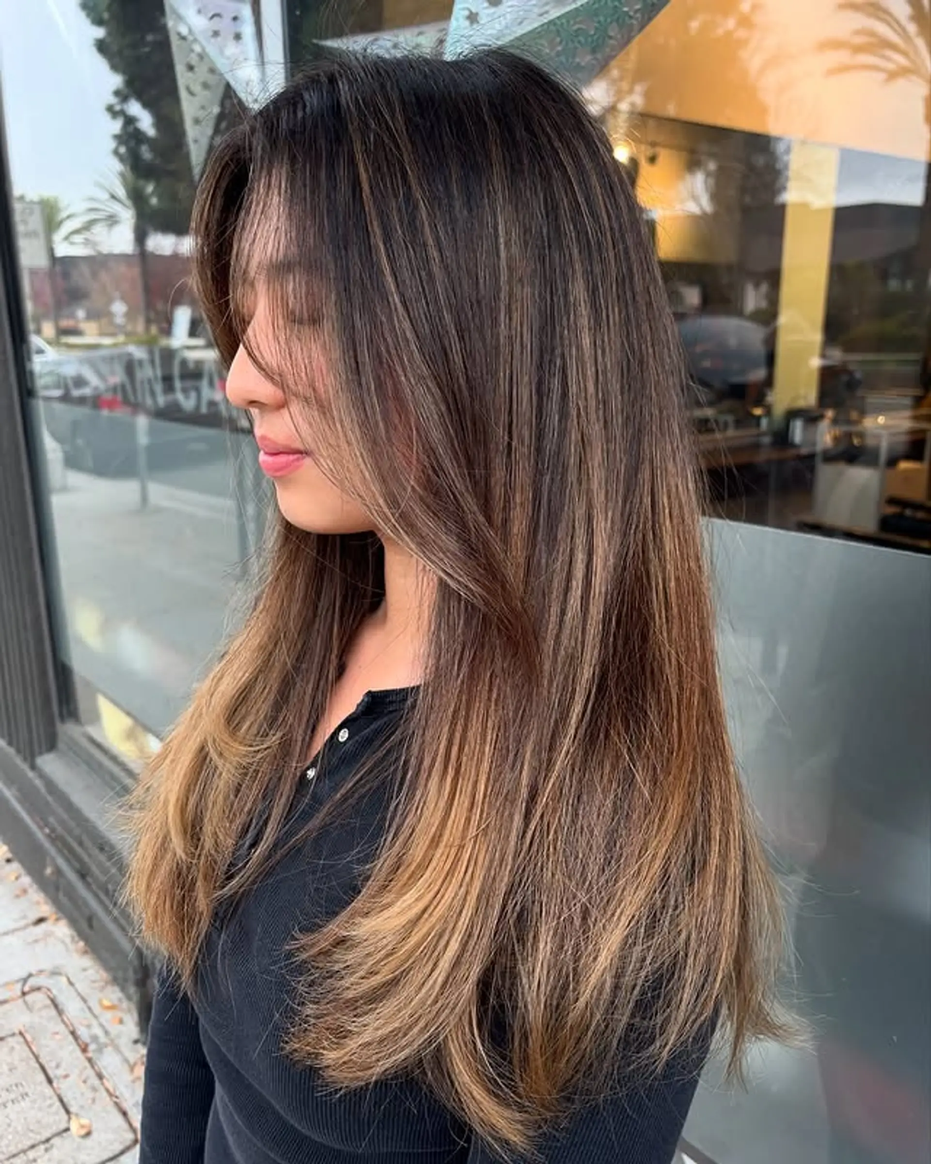 Long, straight hair with soft face-framing layers and a caramel honey balayage. 1