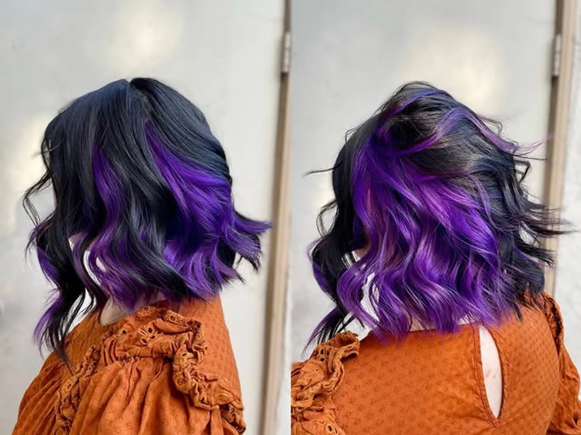 A medium-length wavy hairstyle with vibrant purple highlights. 1