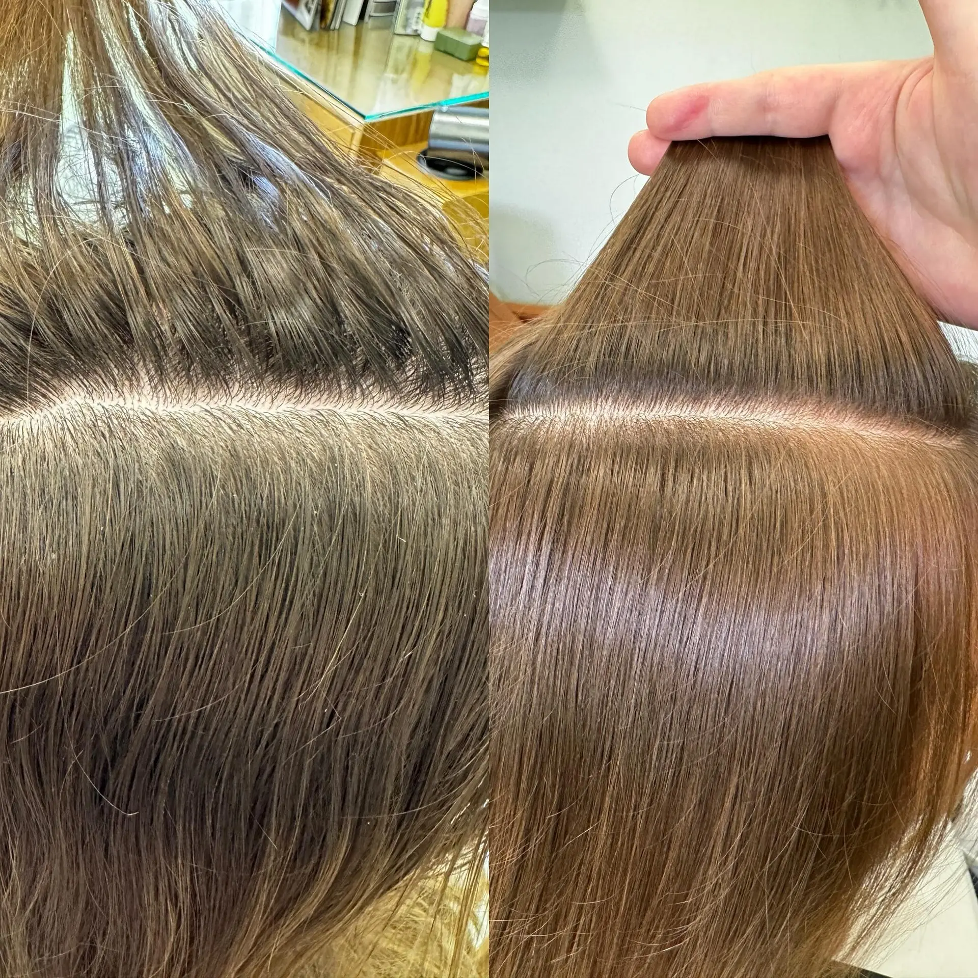 Close-up before-and-after view of a revitalizing scalp facial, revealing a clean, clear scalp and refreshed brown hair roots. 1