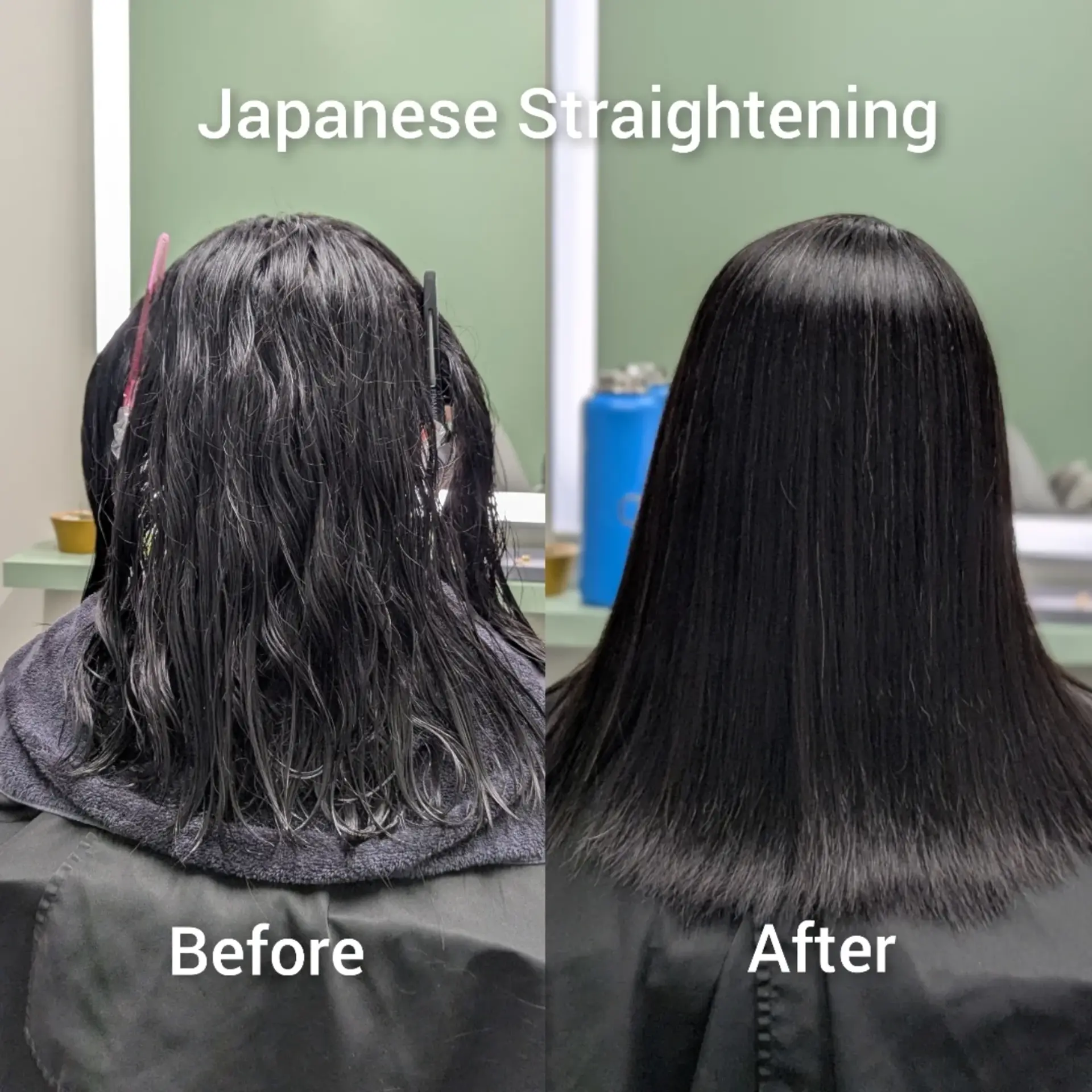 A sleek, smooth Japanese hair straightening transformation shown in a before-and-after back view. 1