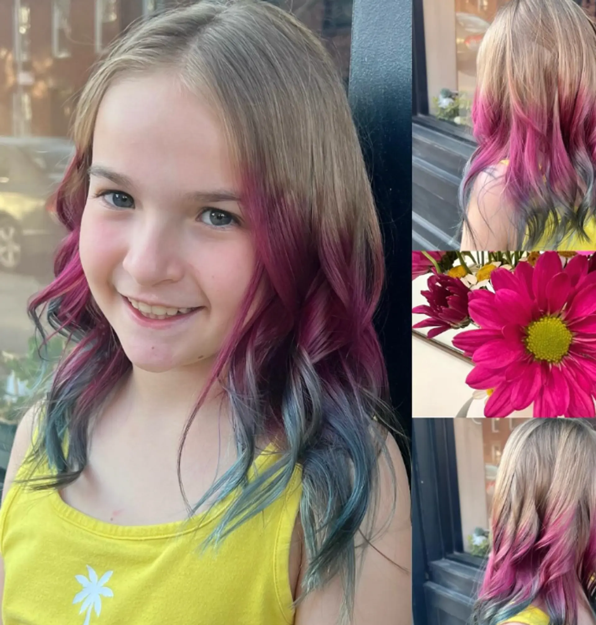 A medium-length wavy hairstyle with a vibrant dip dye effect in pink and blue. 1