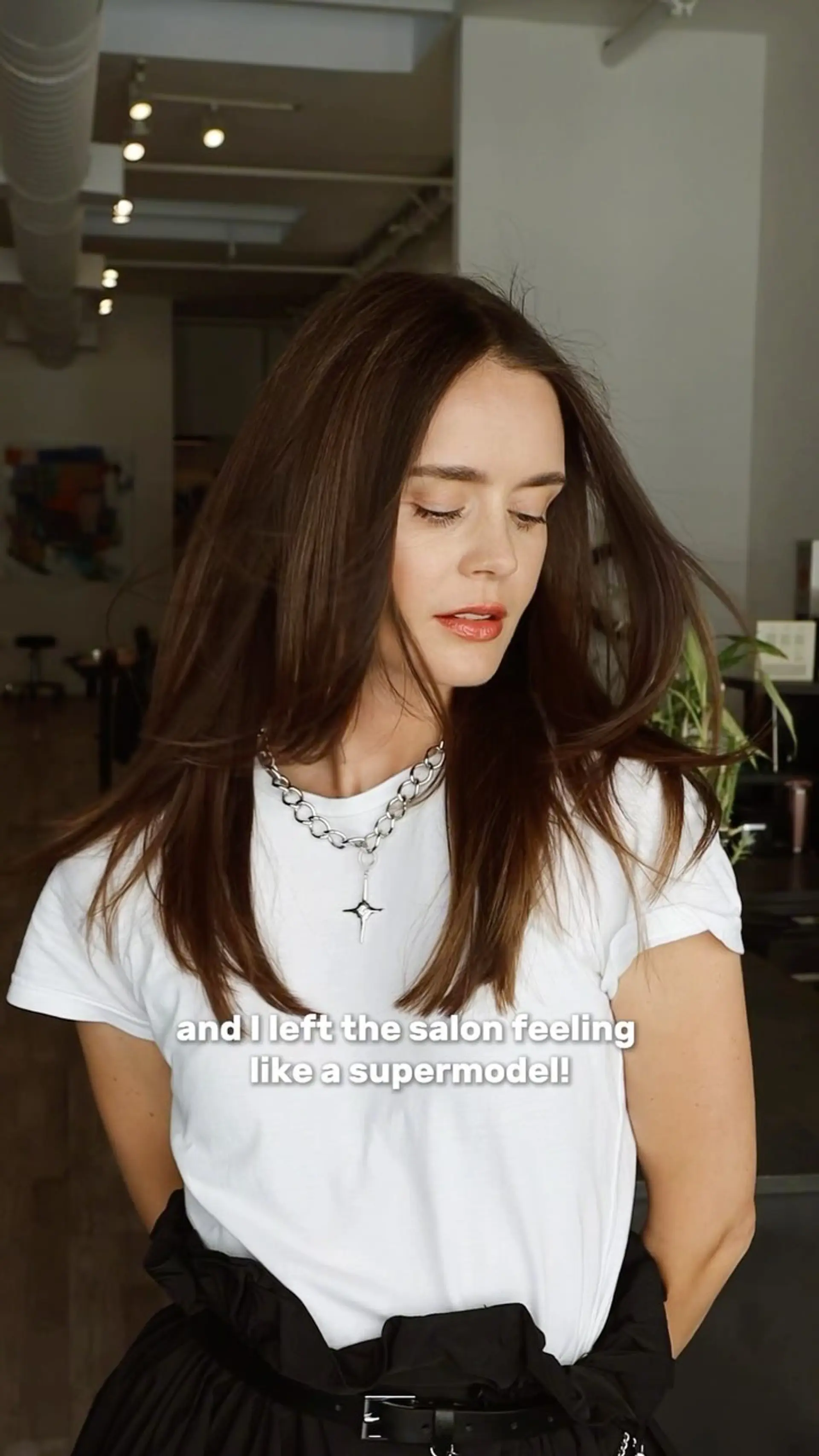 Long straight brunette hair cut with subtle face-framing layers and textured ends. 1