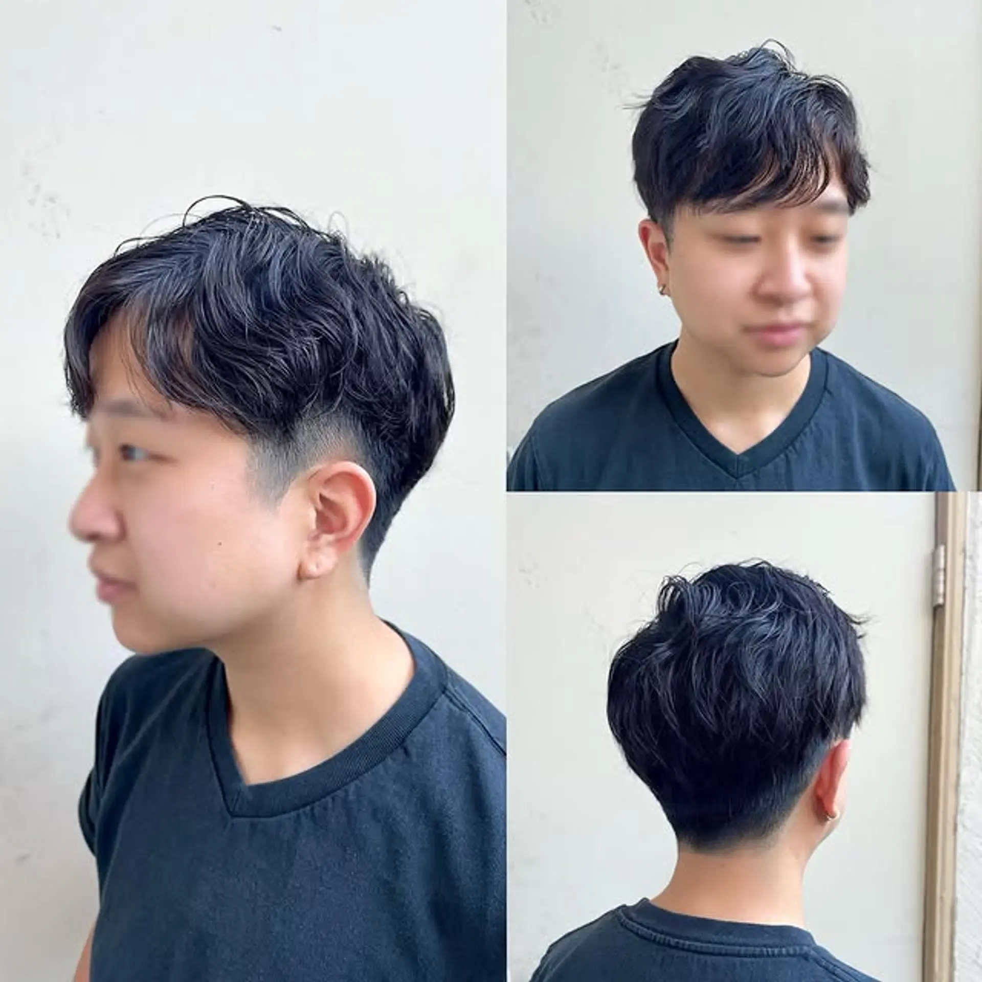 A modern textured crop with a low fade on the sides and back. 1