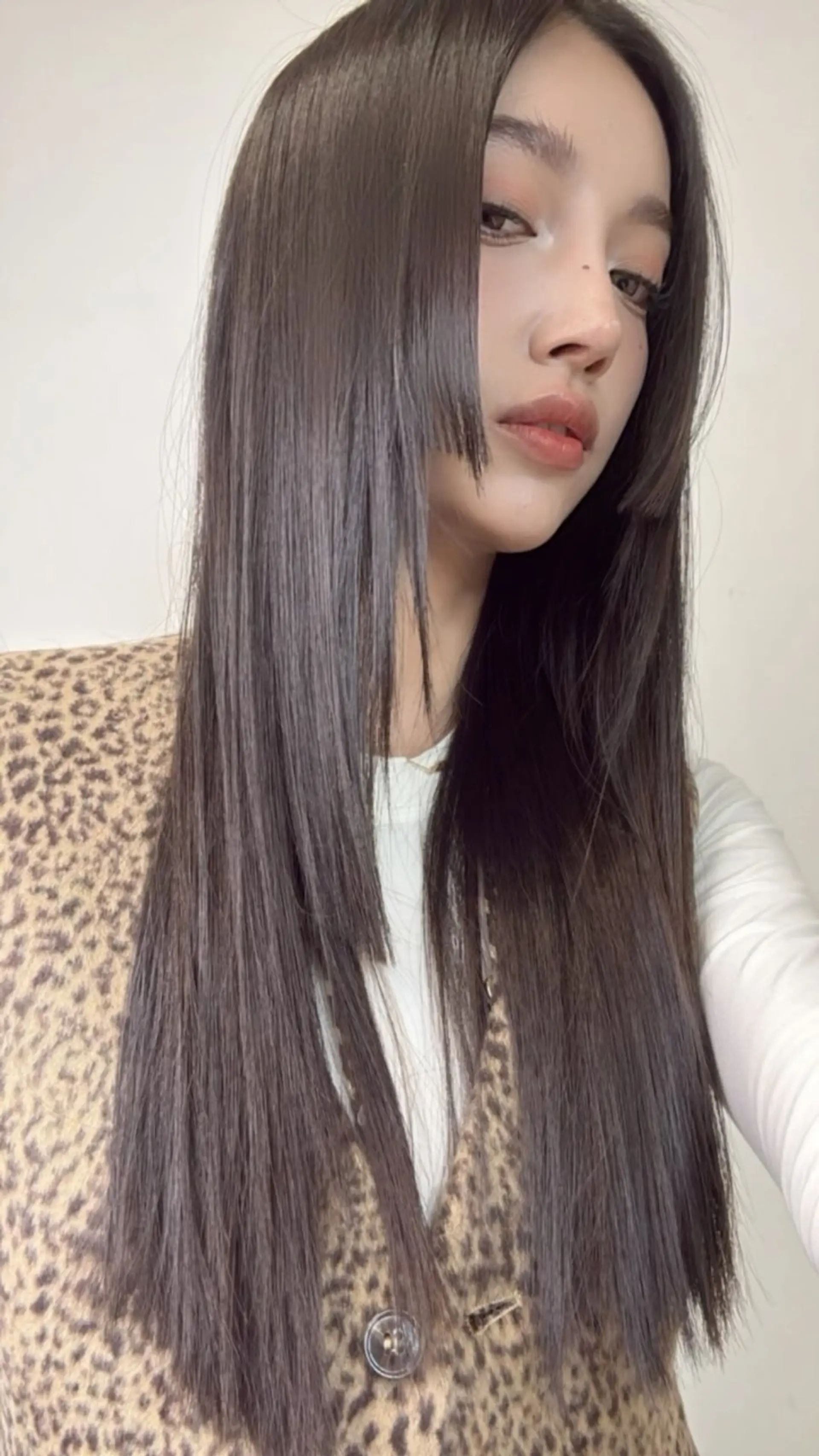 Sleek long straight hair featuring blunt-cut cheek-length side locks characteristic of a Hime cut. 1