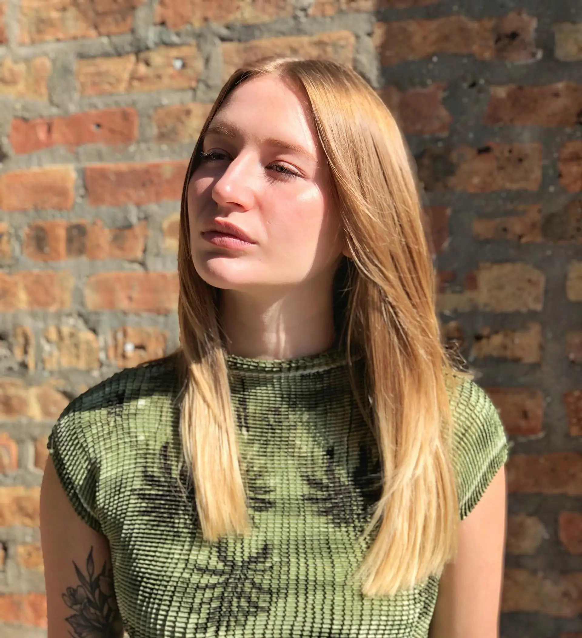 Long, straight hair with a light brown to golden blonde ombre. 1