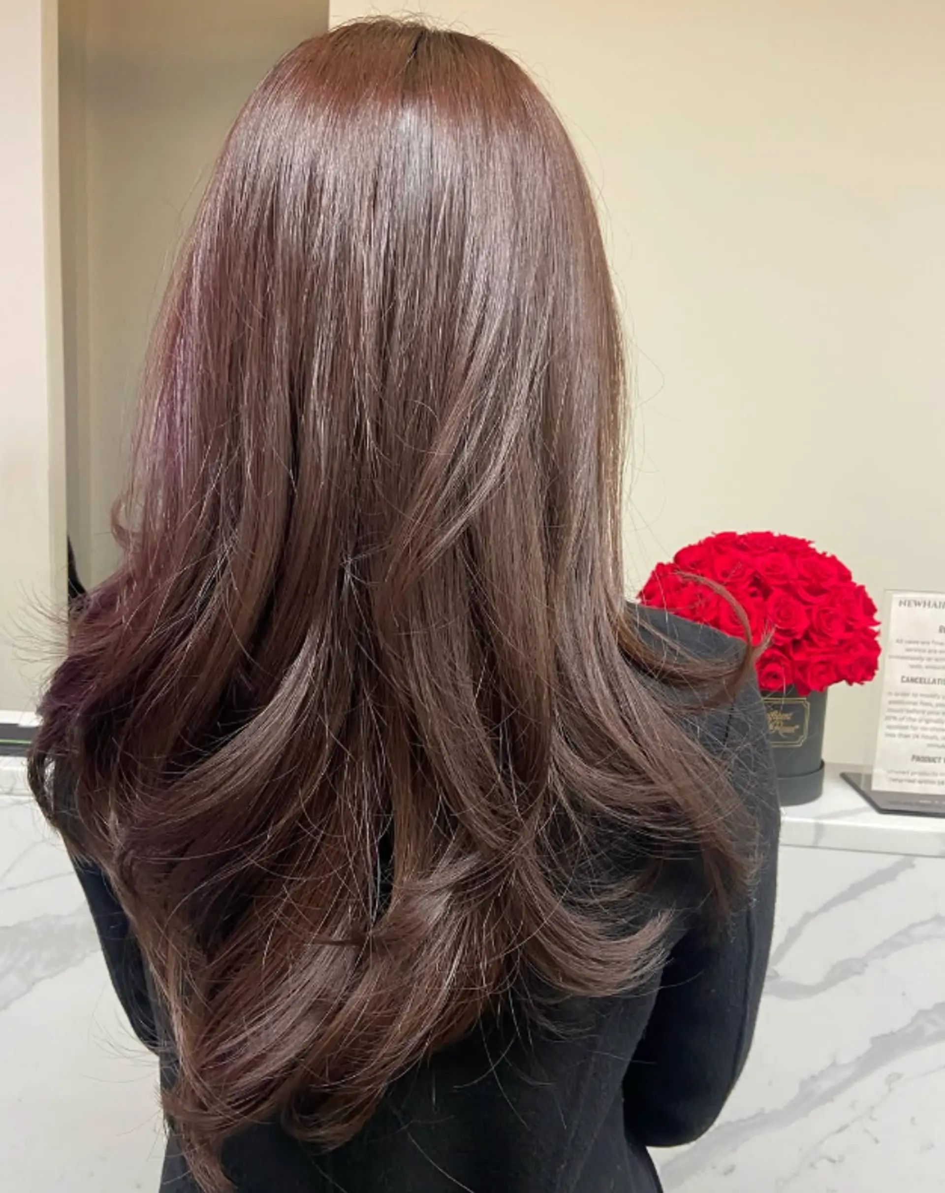Long layered hairstyle with a dark color melt from chocolate brown to cherry red and purple lowlights. 1