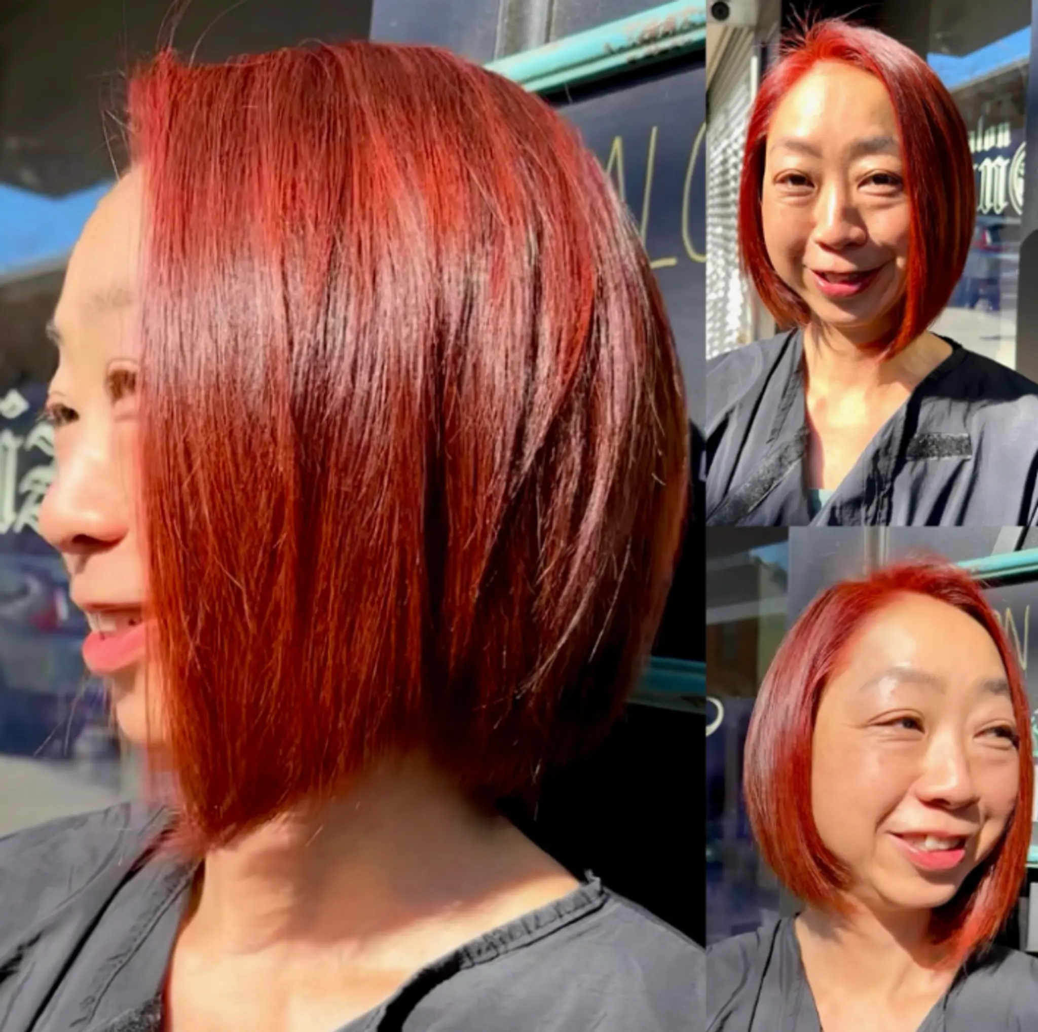 A classic inverted bob with a modern twist, featuring a slightly angled cut and face-framing layers.