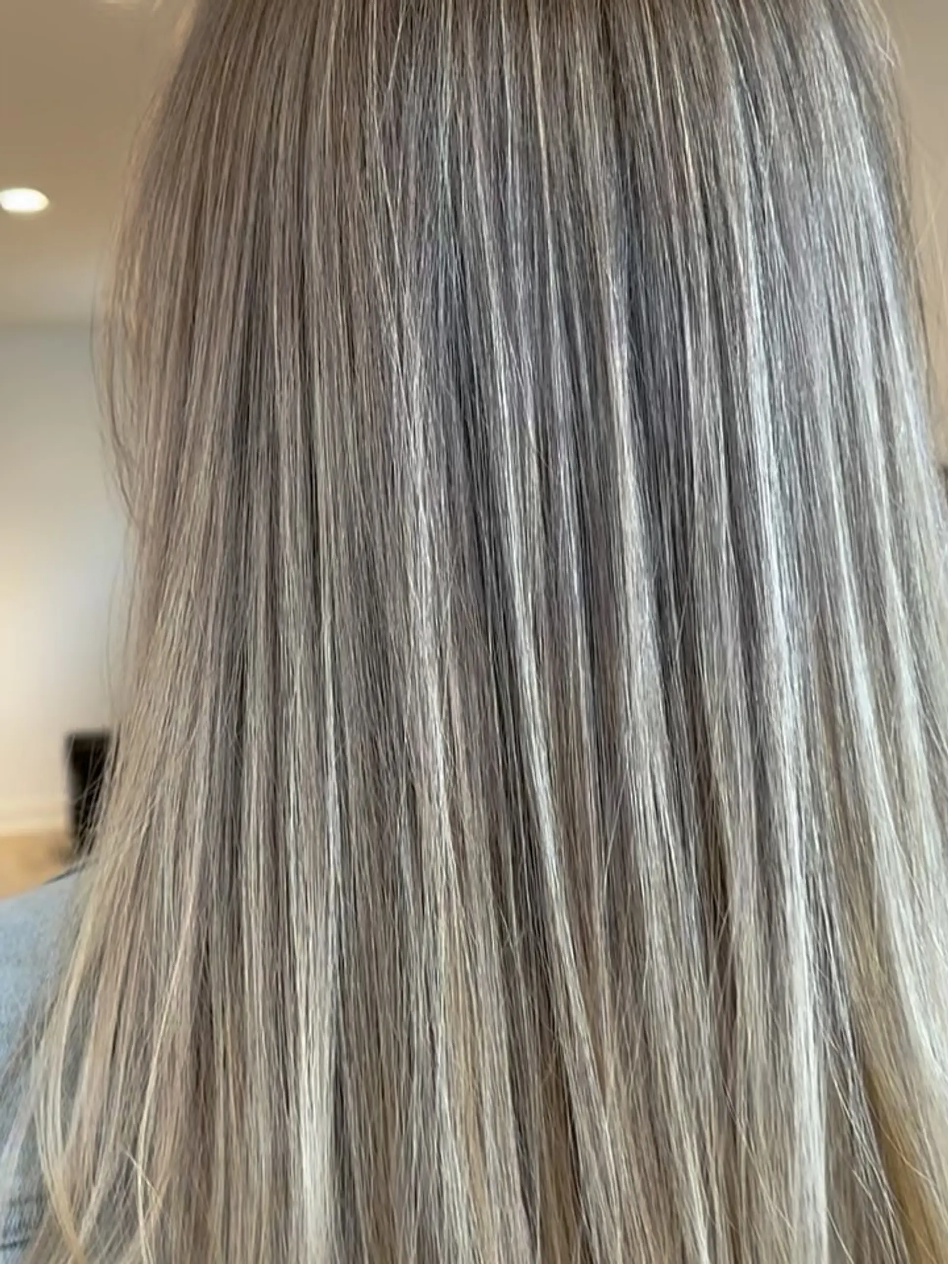 Straight, sleek hair featuring fine ash blonde highlights woven seamlessly throughout. 1