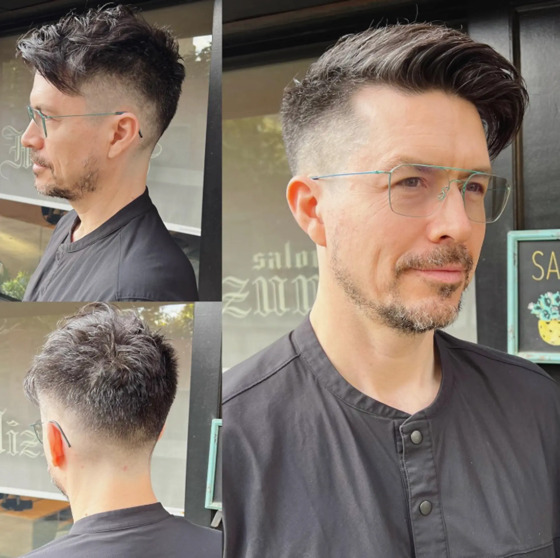 A short, textured haircut with a clean fade and a modern edge. 1