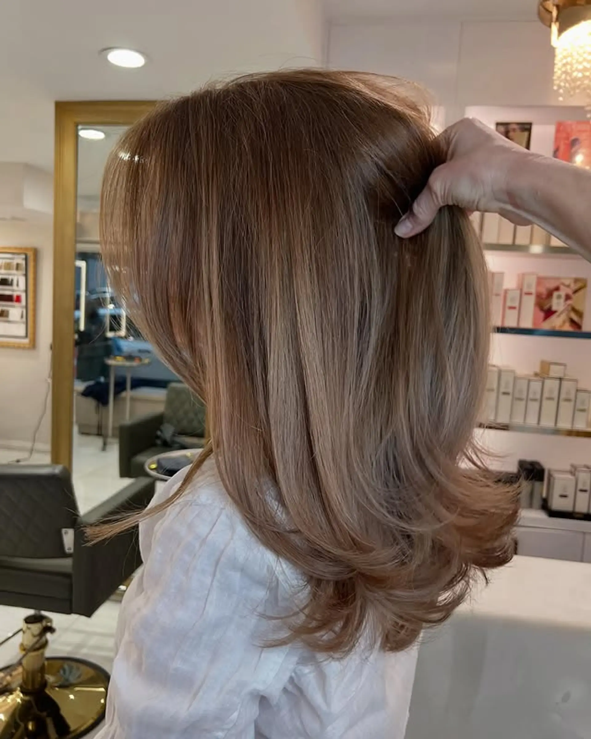 A layered medium length haircut with a voluminous blowout. 1
