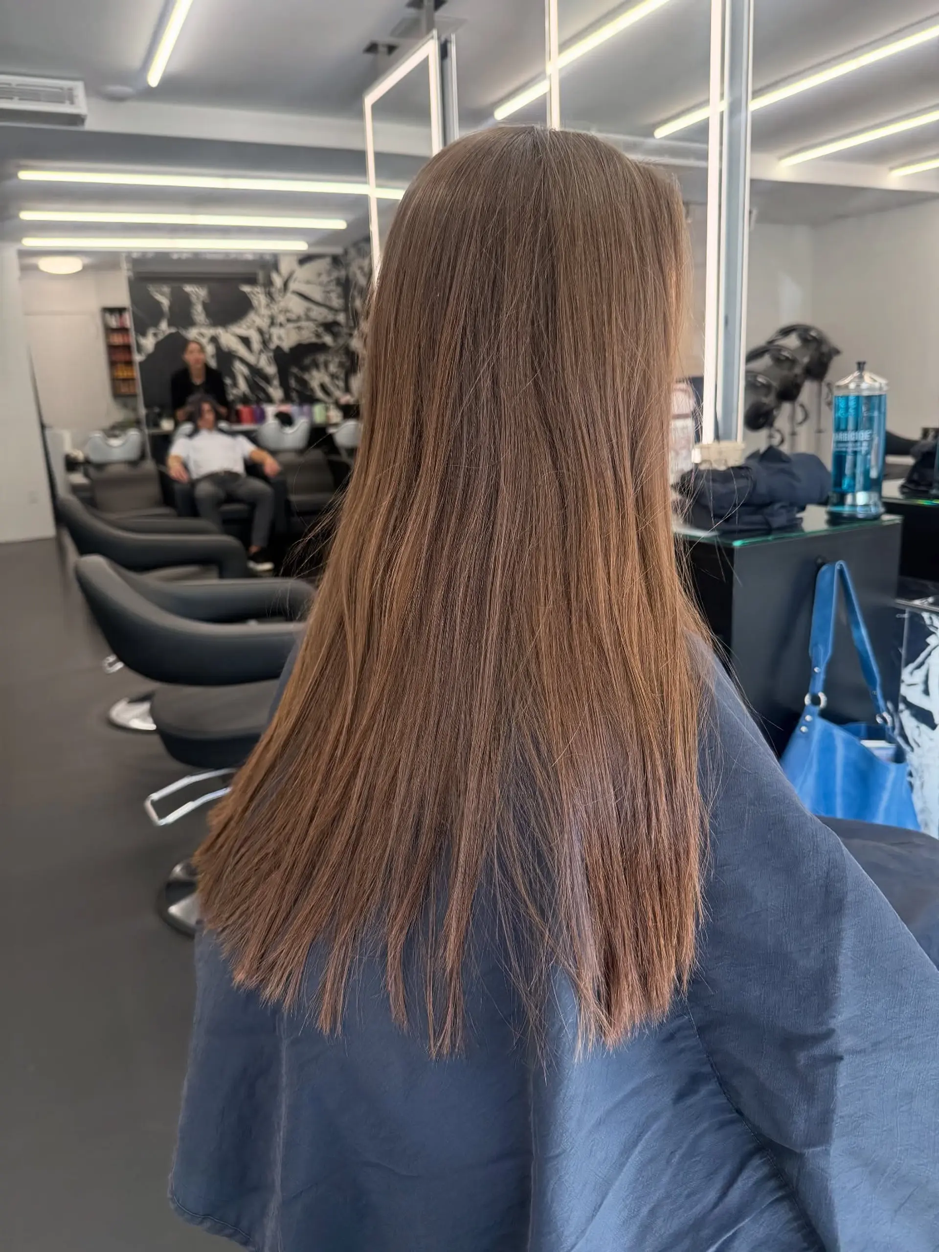 Long, silky light brown hair styled straight and sleek down the back. 1